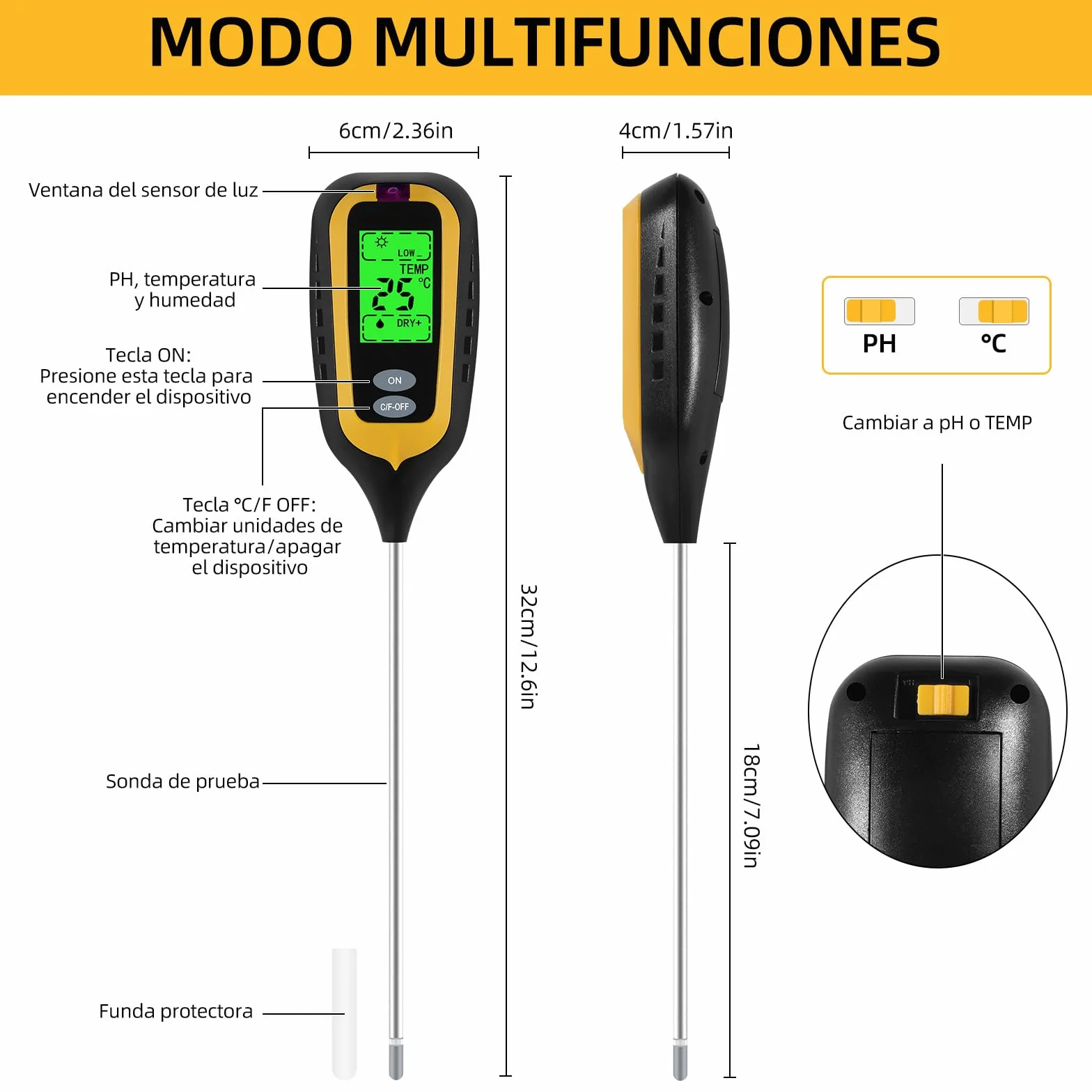 4 en 1 Medidor Humedad Plantas Medidor pH Tierra Suelo para Huertos Jardines