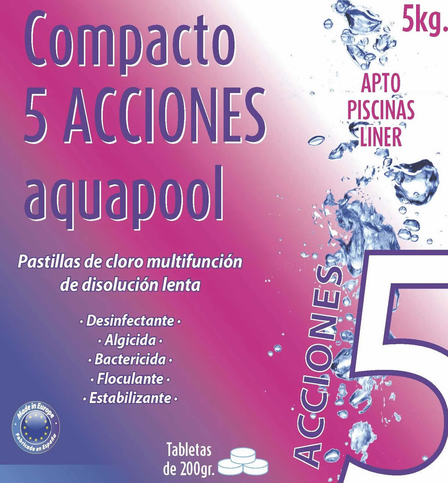 Compacto 5 ACCIONES AQUAPOOL Pastillas de Cloro multifunción 5 KG Disolución Lenta Piscinas Liner