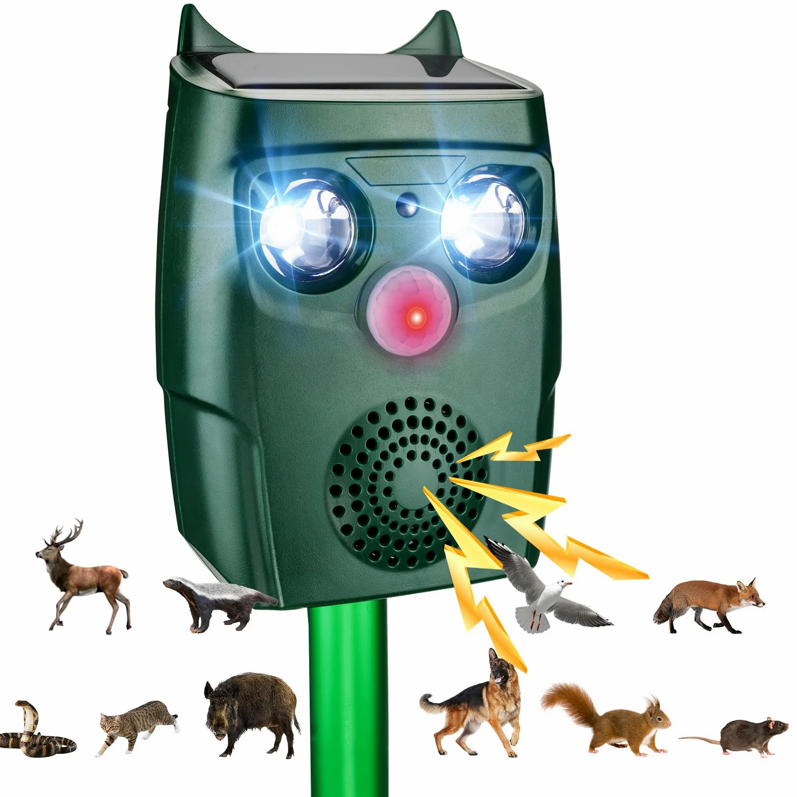 Repelente Gatos para jardín, Ahuyentador Gatos Ultrasónico con Detector de Movimiento, 3 Modos Ultrasónicos y Flash Pueden automáticamente Ahuyentador De Pajaros, Resistente a la Intemperie, Solar