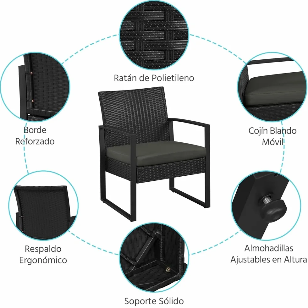 Yaheetech Conjunto de Mesa y Sillas Exterior Juego de Muebles Jardín Ratán Impermeable Negro Gris