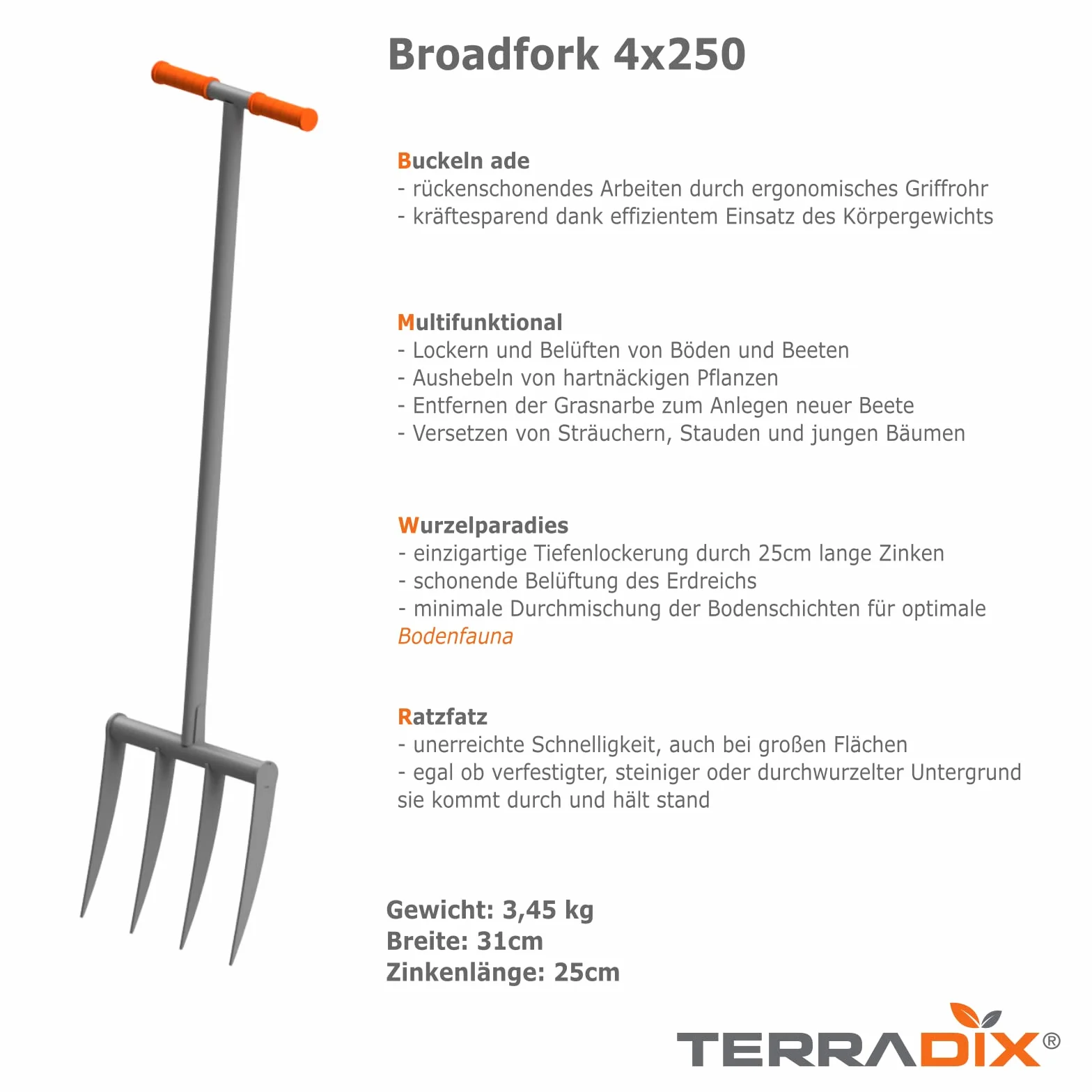 TERRADIX Horquilla para jardín 4x250 31 cm Anchura 25 cm Púas