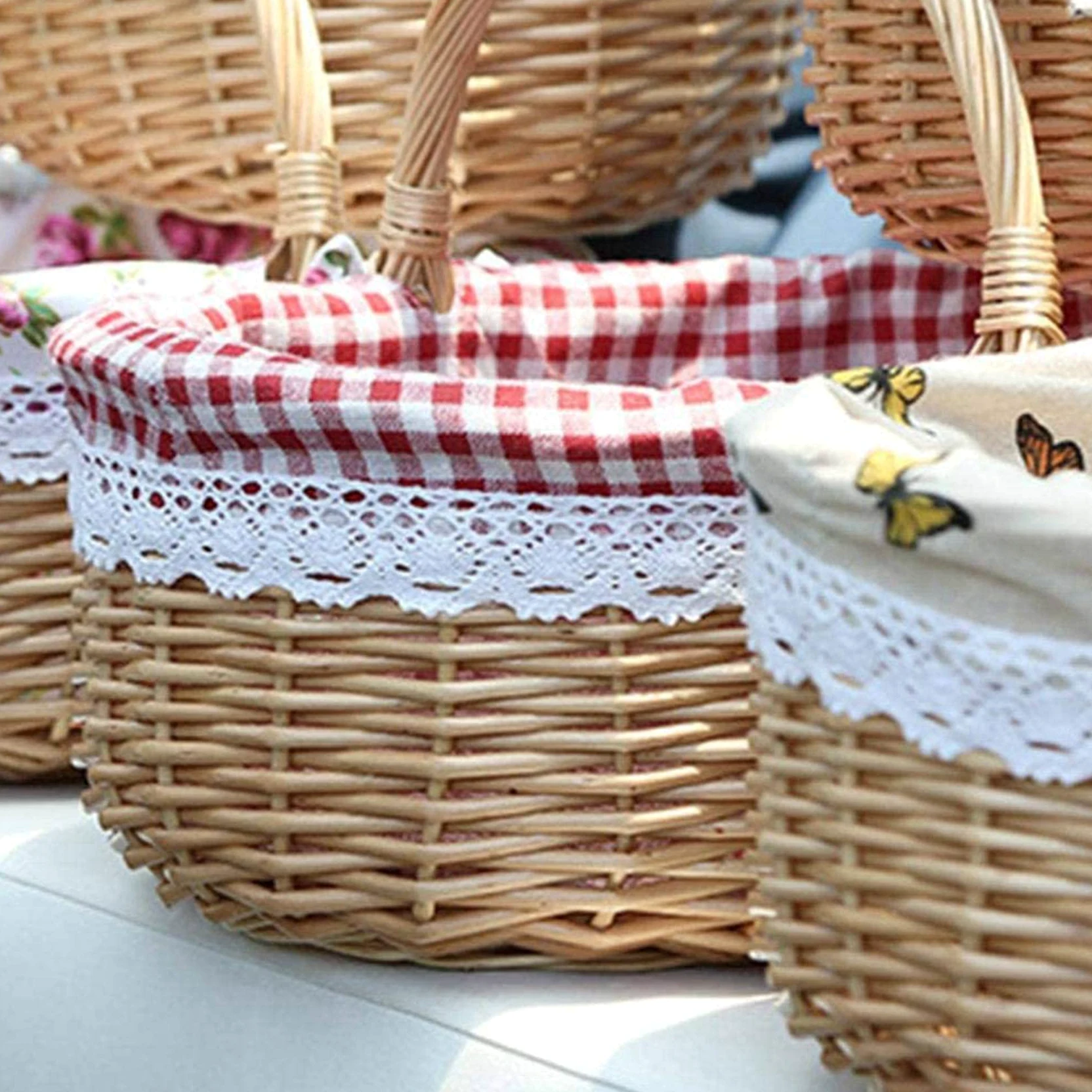 3X Cesta de Mimbre Cestas de Regalo Cesta de Picnic Tejida de Sauce Ovalada Vacía con Asa Cesta de Boda Pequeña