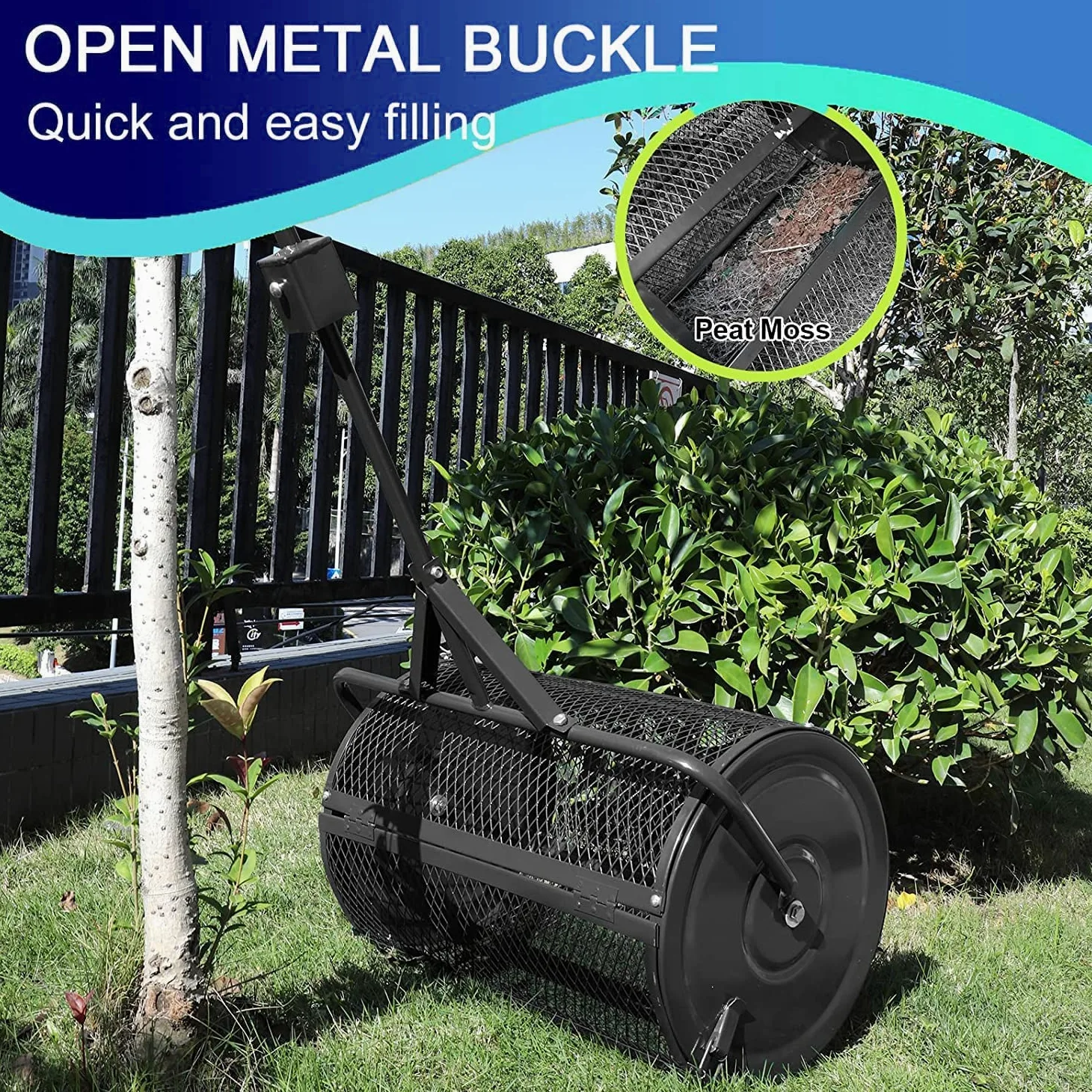 Esparcidor de compost, herramienta de malla de metal duradera con mango triangular para césped y jardín, ideal para plantar, sembrar y esparcir estiércol