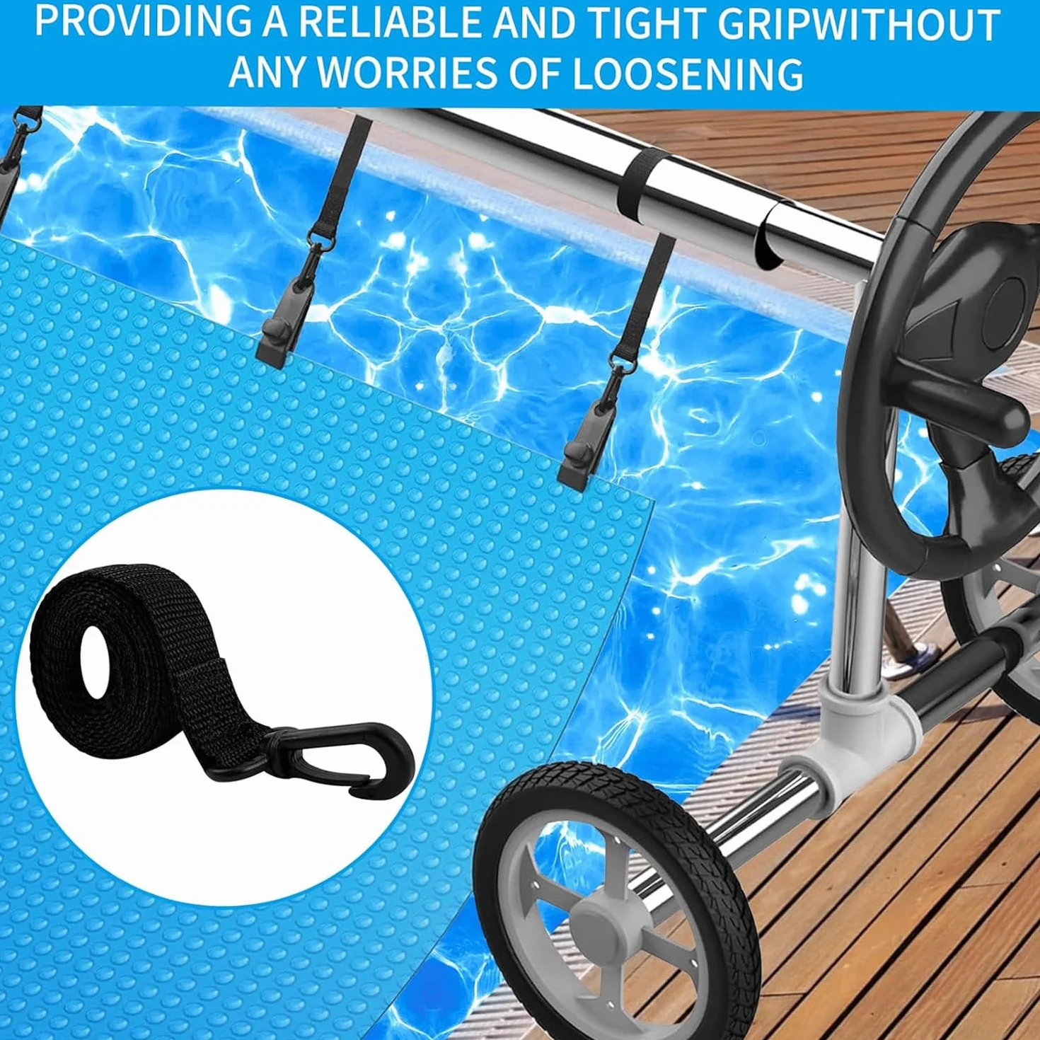 MEISO Enrollador de Piscina, Kit de Fijación con 8 Bandas y 8 Grapas para Cubierta Solar Universal