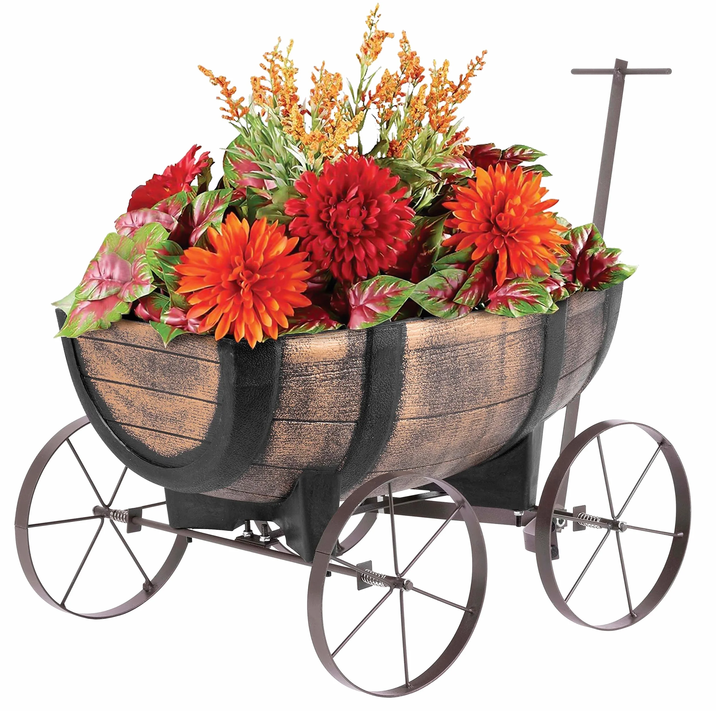 STREND PRO - Carrito de flores con forma de barril de whisky,sobre ruedas, diseño nostálgico de imitación madera realista, para interior y exterior, tamaño de la superficie de plantación: 41x29x19 cm