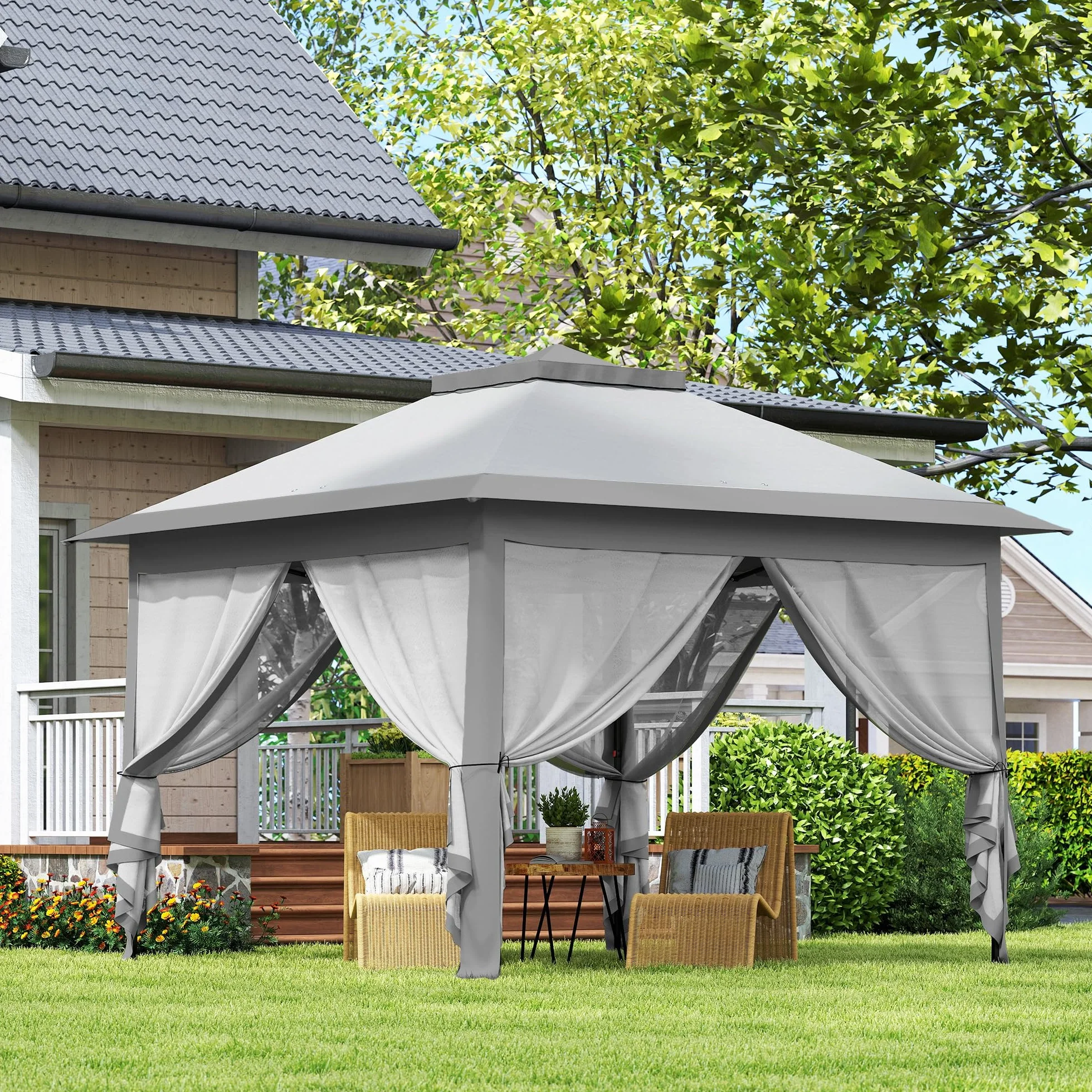 Outsunny Carpa Plegable 3,3x3,3 m Cenador de Jardín con Altura Ajustable en 3 Niveles Doble Techo 4 Mosquiteras Extraíbles y Bolsa de Transporte Impermeable Anti-UV Gazebo para Exterior Fiestas Gris