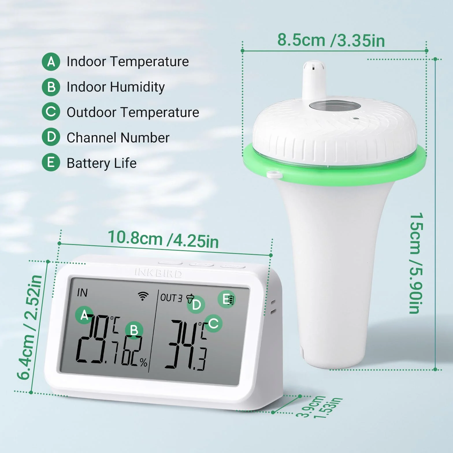 Inkbird Termómetro Piscina WiFi IBS-M2, Monitor Temperatura Humedad, Control APP, 9 Canales, Flotante
