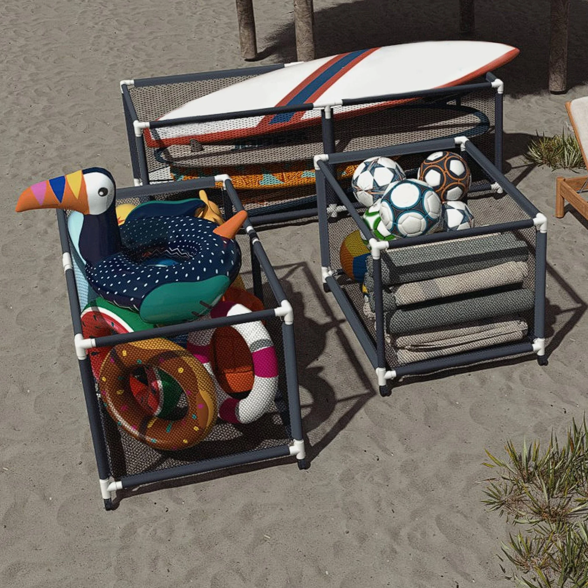 Caja de almacenamiento de piscina con ruedas 160 x 79 x 88 cm contenedor gran capacidad
