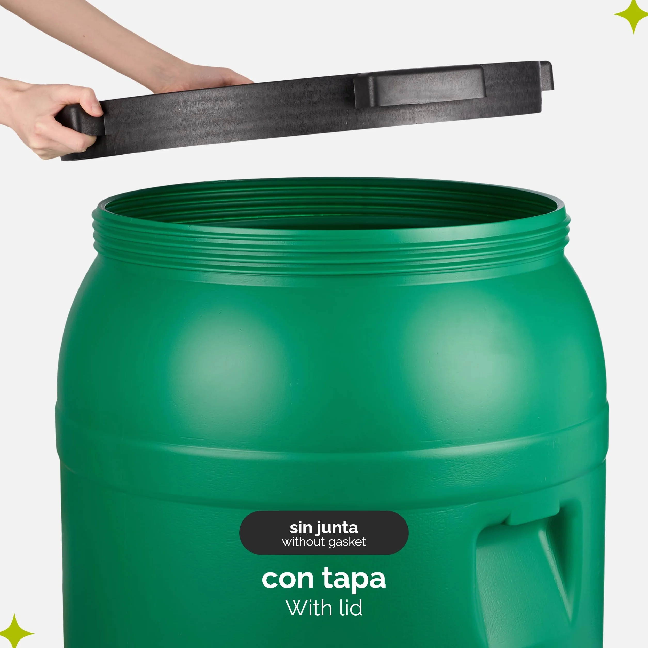 Bidón de plástico 250 litros HDPE sin BPA Barril alimentario boca ancha verde Garronda
