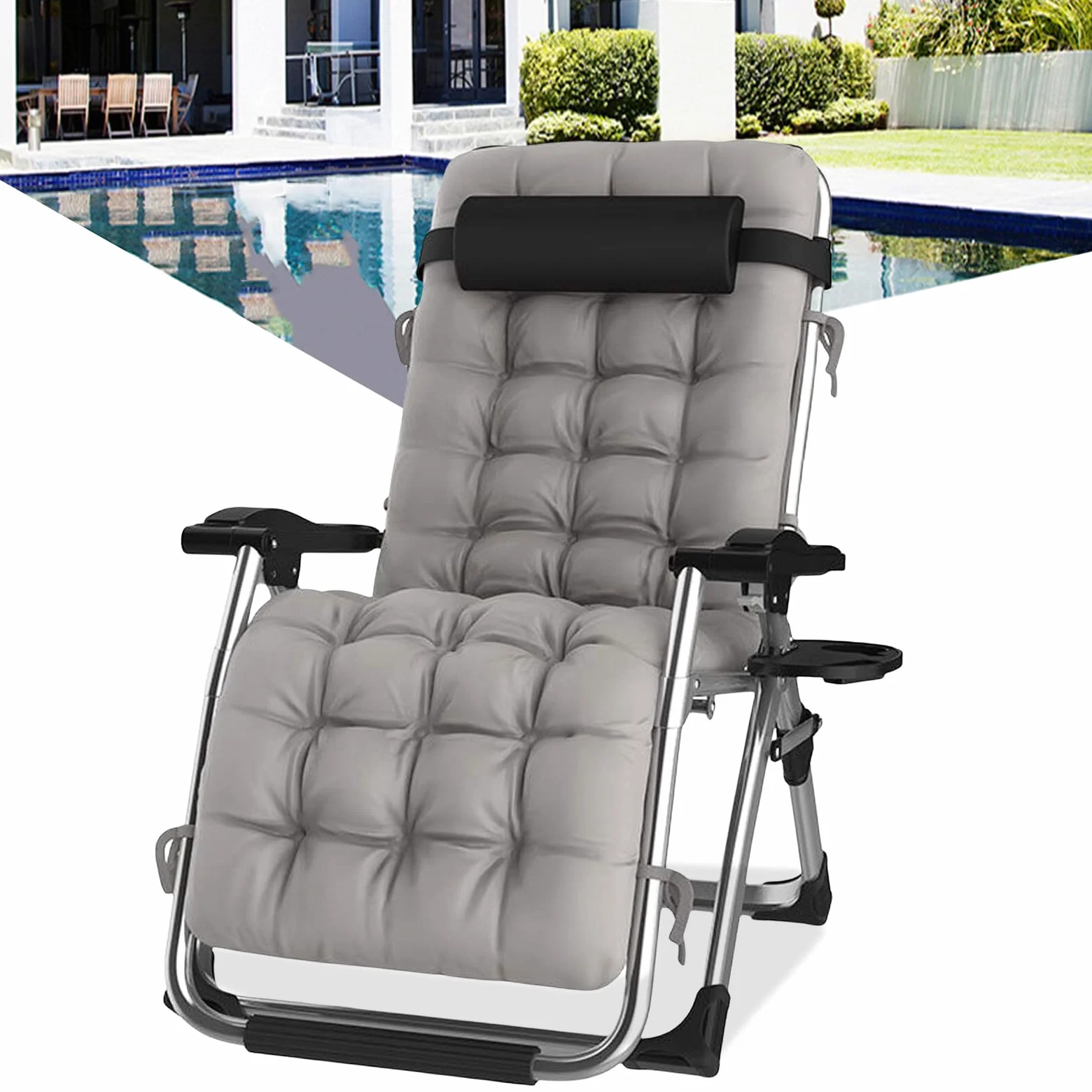 Tumbonas Gravedad Cero, Tumbona de Relax Silla de Jardín Plegable, para Playa, Piscina, Terraza,Camping.Carga Máxima 200kg (A-con Cojín Gris, Set de 1)