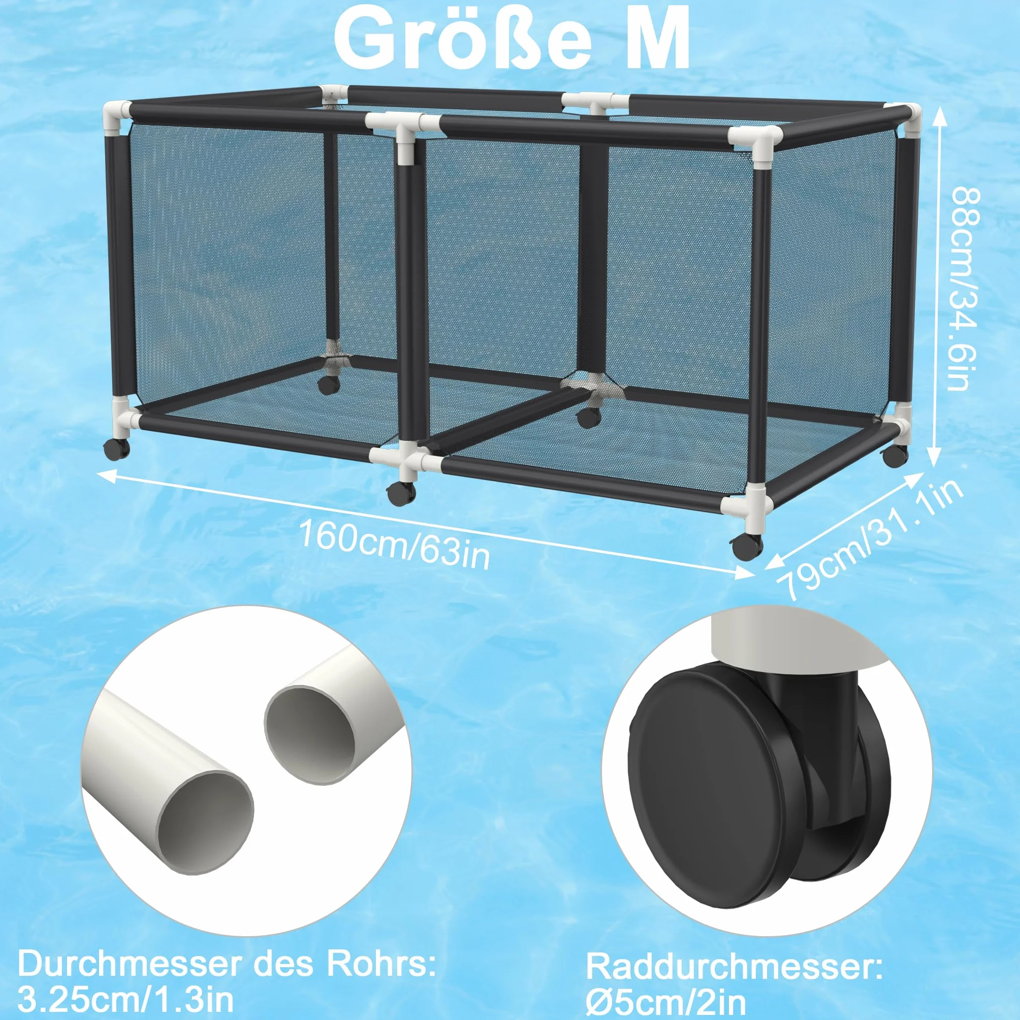Caja de almacenamiento de piscina con ruedas 160 x 79 x 88 cm contenedor gran capacidad
