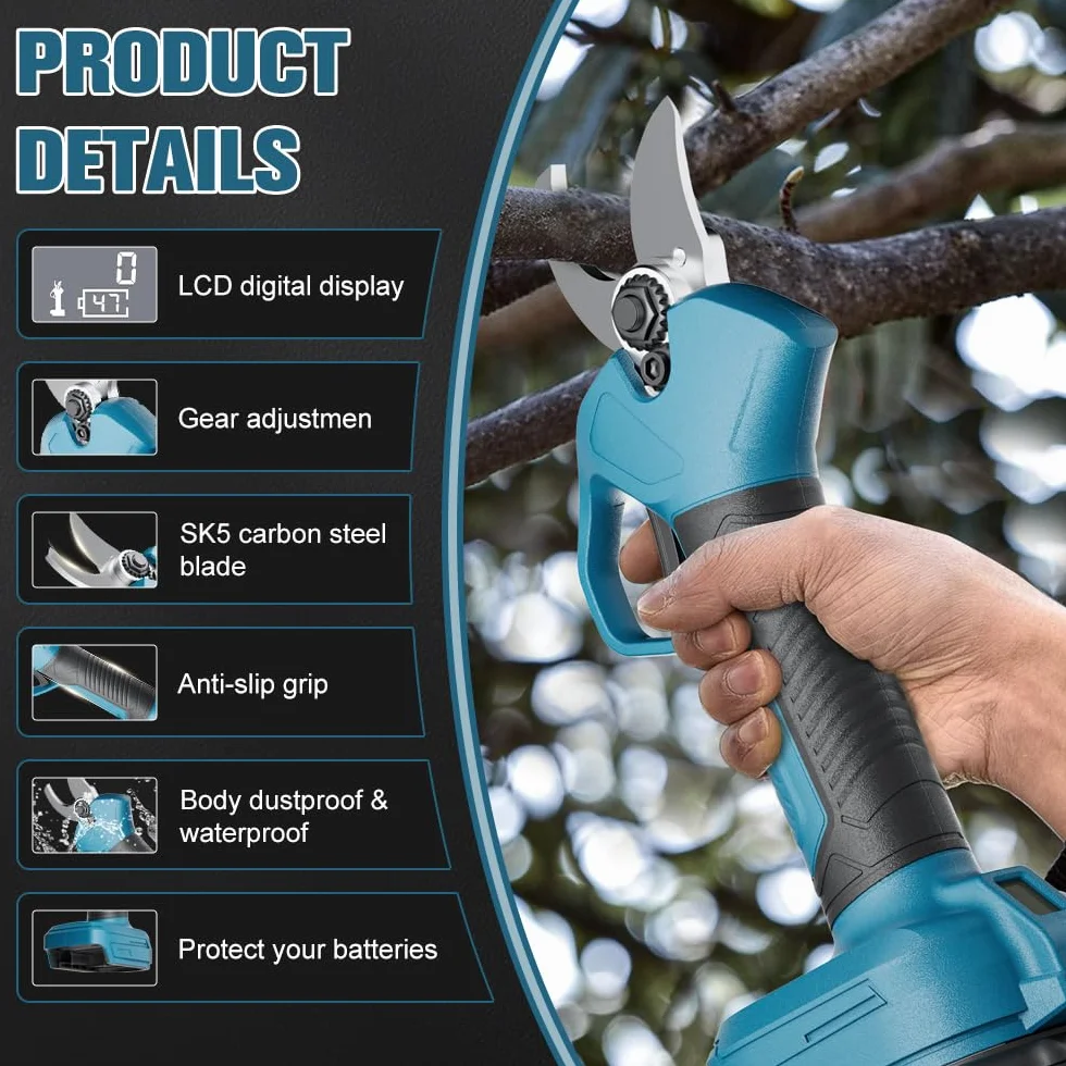 Powtree Tijeras de podar eléctricas con batería de 45 mm para BL1830 18 V (sin batería), motor sin escobillas, sierra de podar eléctrica, tijeras con batería, pantalla LCD para podar árboles y árboles