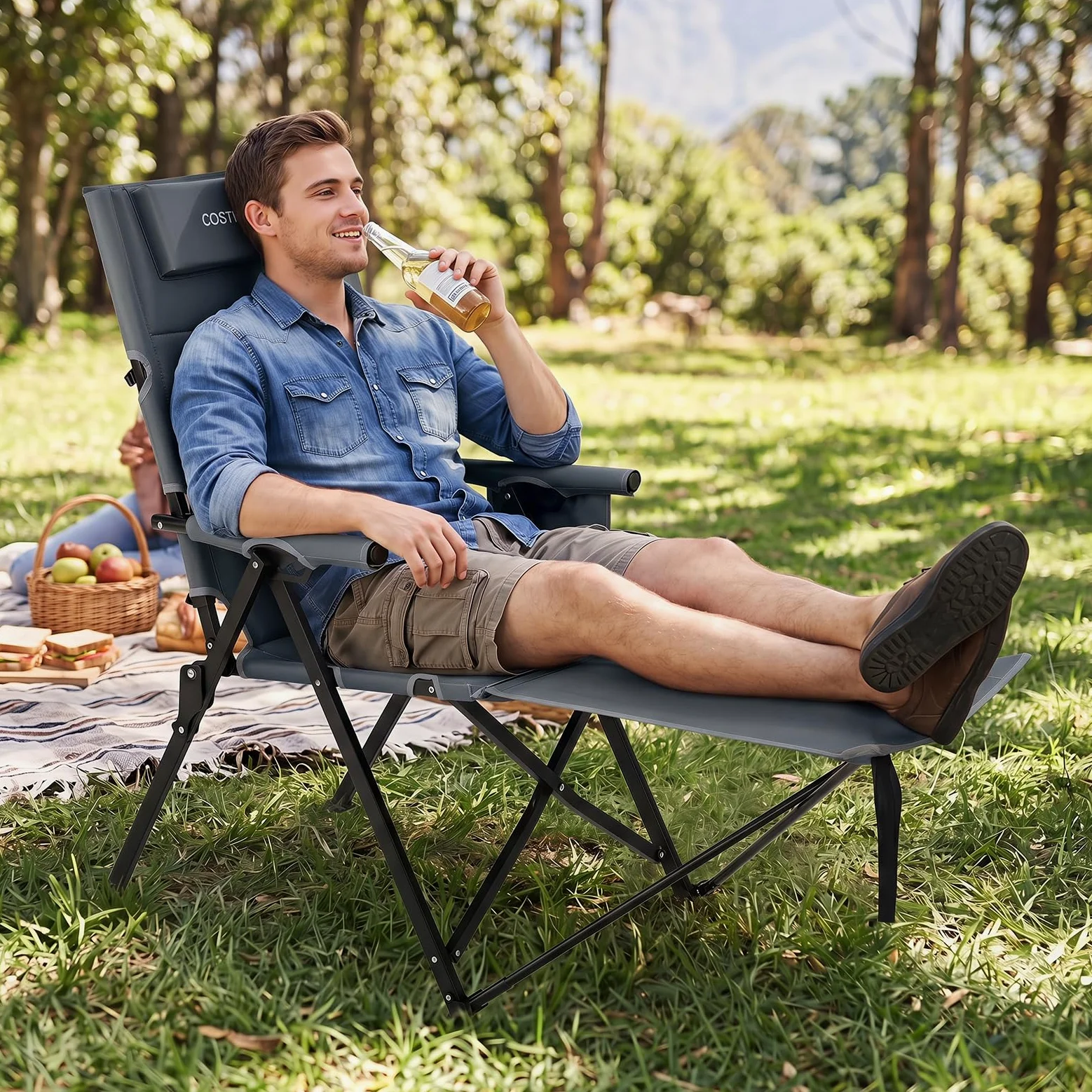 COSTWAY Silla Plegable Camping con Reposapiés Desmontable (Gris) | Tumbona Reclinable con Respaldo Ajustable de 4 Niveles, Reposacabezas, Bolsillo Lateral, Bolsa de Transporte, Jardin Playa Pi