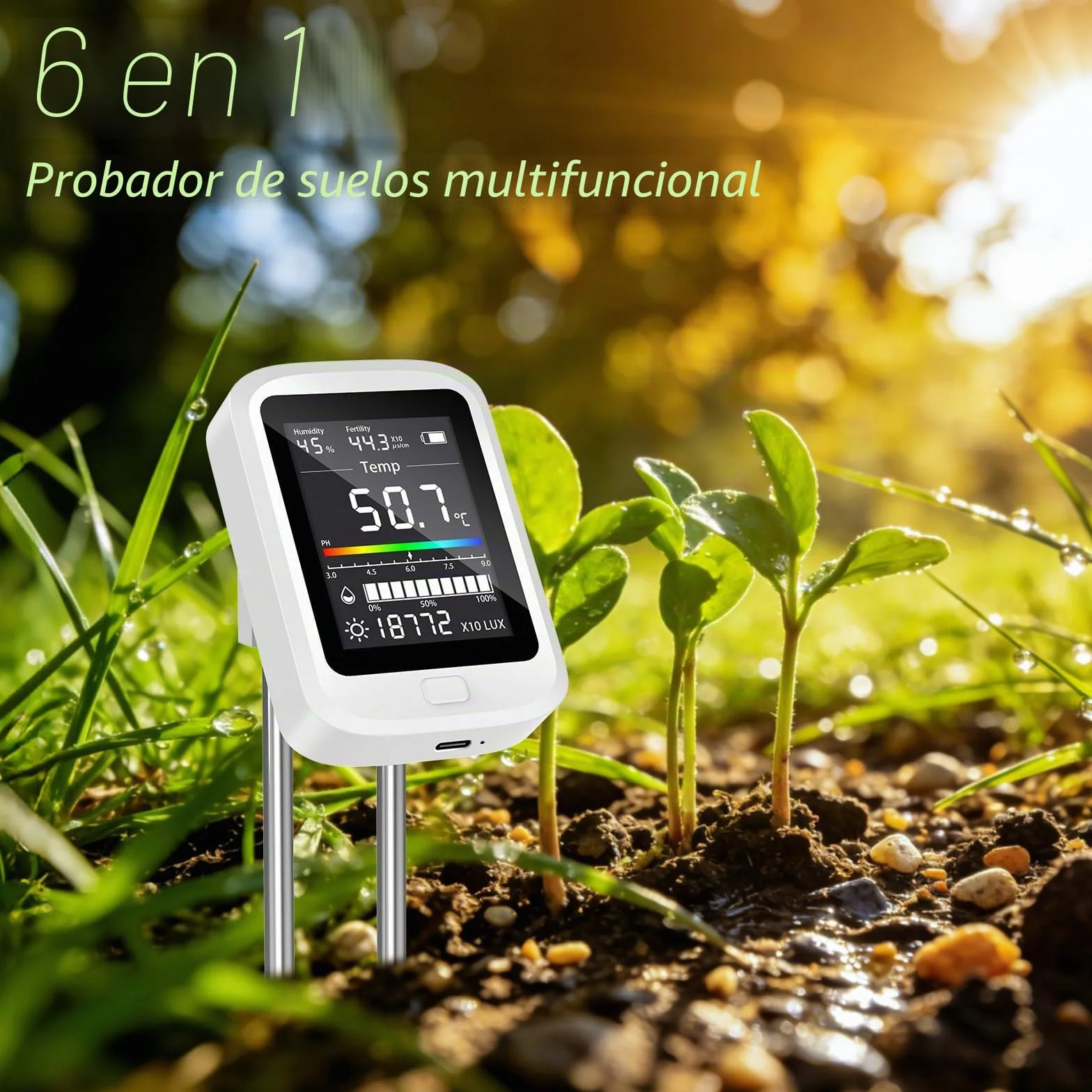Medidor Digital de Suelo 6 en 1, Pruebas de pH e Intensidad Luminosa para Plantas