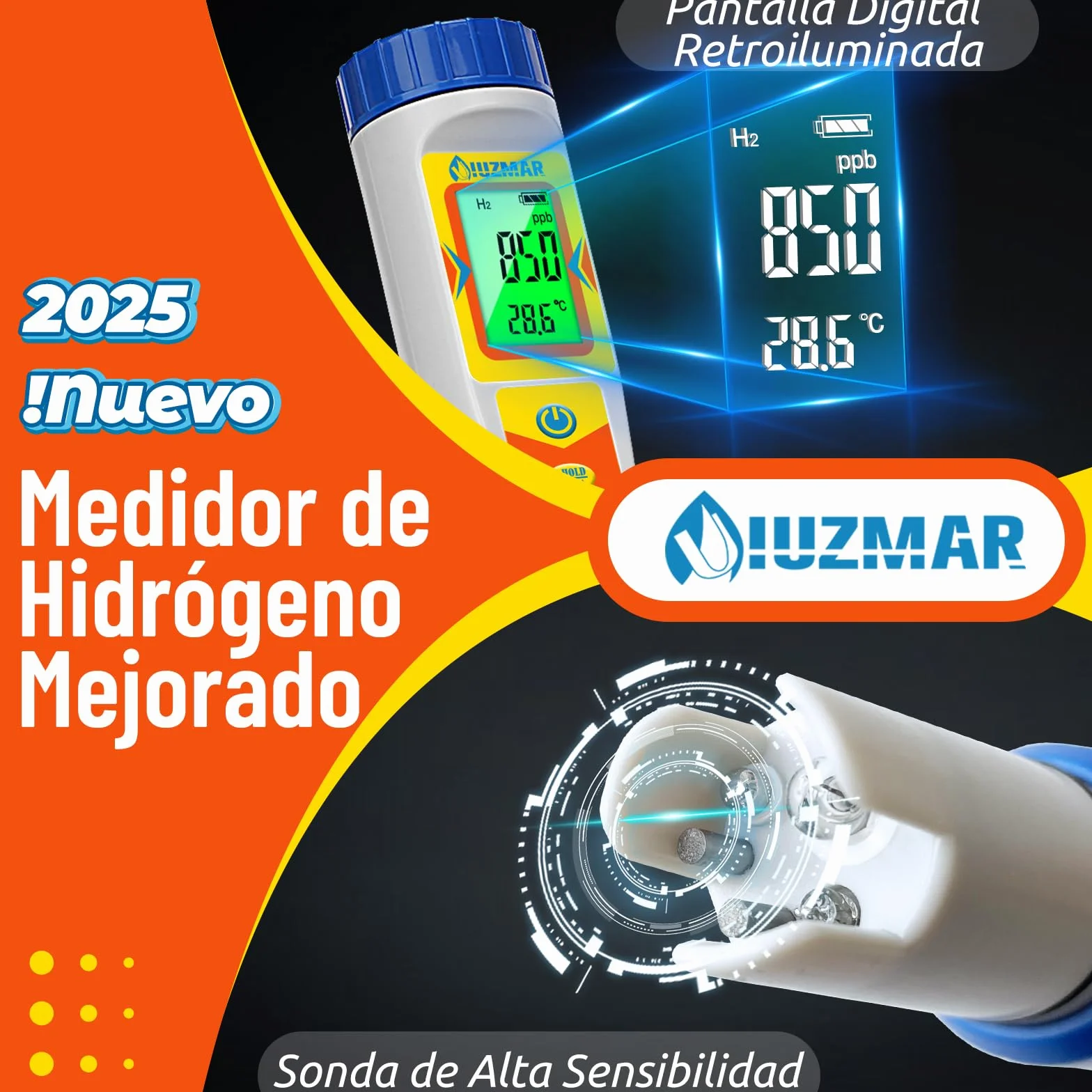 UIUZMAR Medidor de Hidrógeno y pH para Botella de Agua de Hidrógeno, Medidor pH H2, Probador de Calidad del Agua 6 en 1 con Función de pH H2 ORP TDS EC TEMP para Piscina, Acuario, Hidroponía