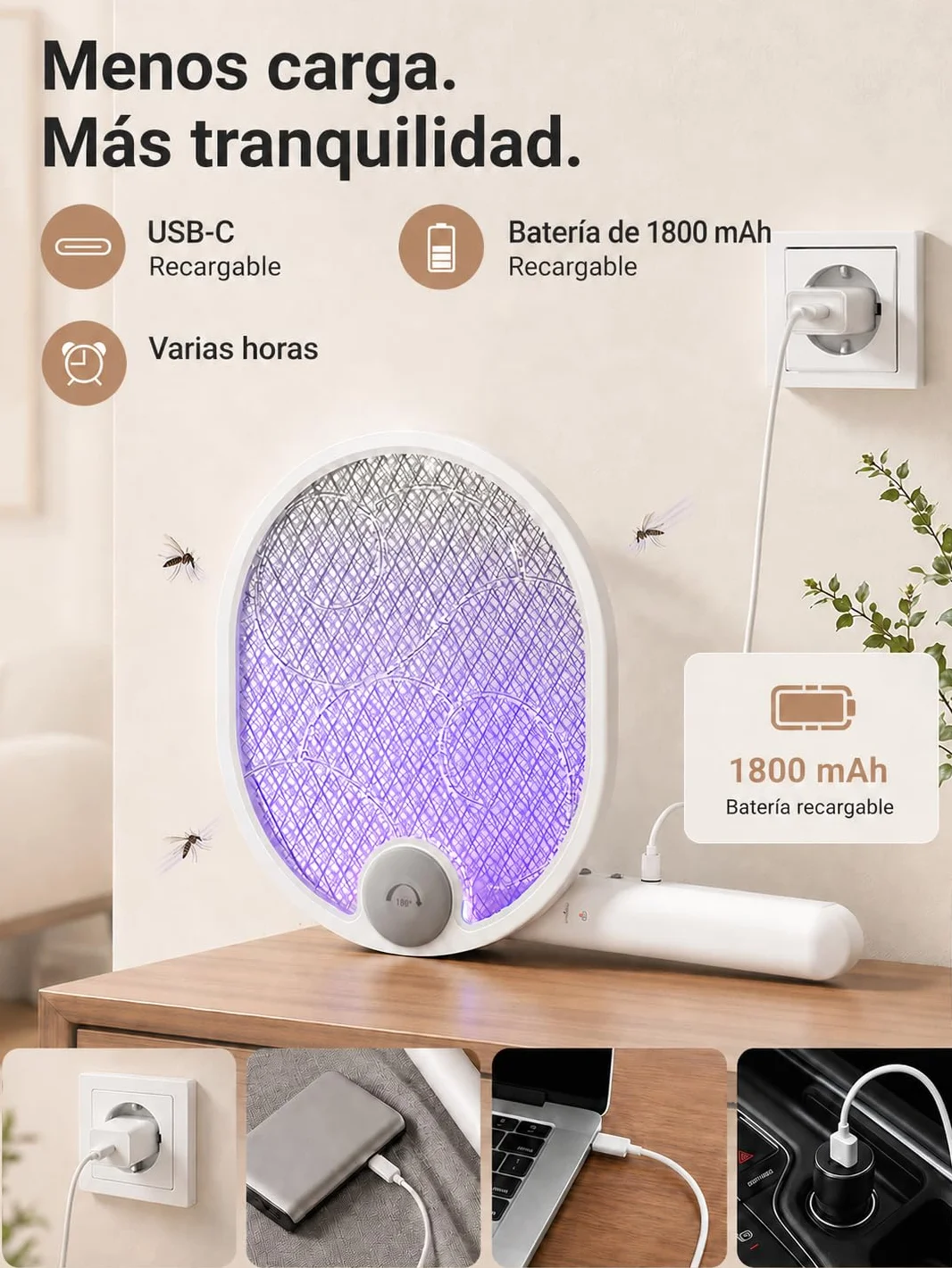 Raqueta Mosquitos Eléctrico Plegable 4000V 1800mAh USB 3 en 1 Recargable Mosquito Killer Trampa Portátil 3 Capas Malla Seguridad Base Soporte Pared
