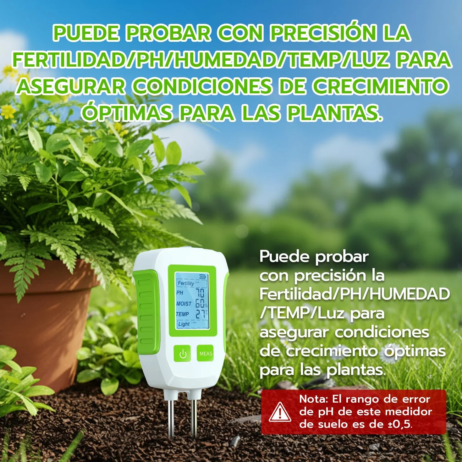 Mcbazel Medidor de Suelo 5 en 1, Analizador de pH, Humedad, Temperatura y Luz con Sonda Dual, Pantalla LCD