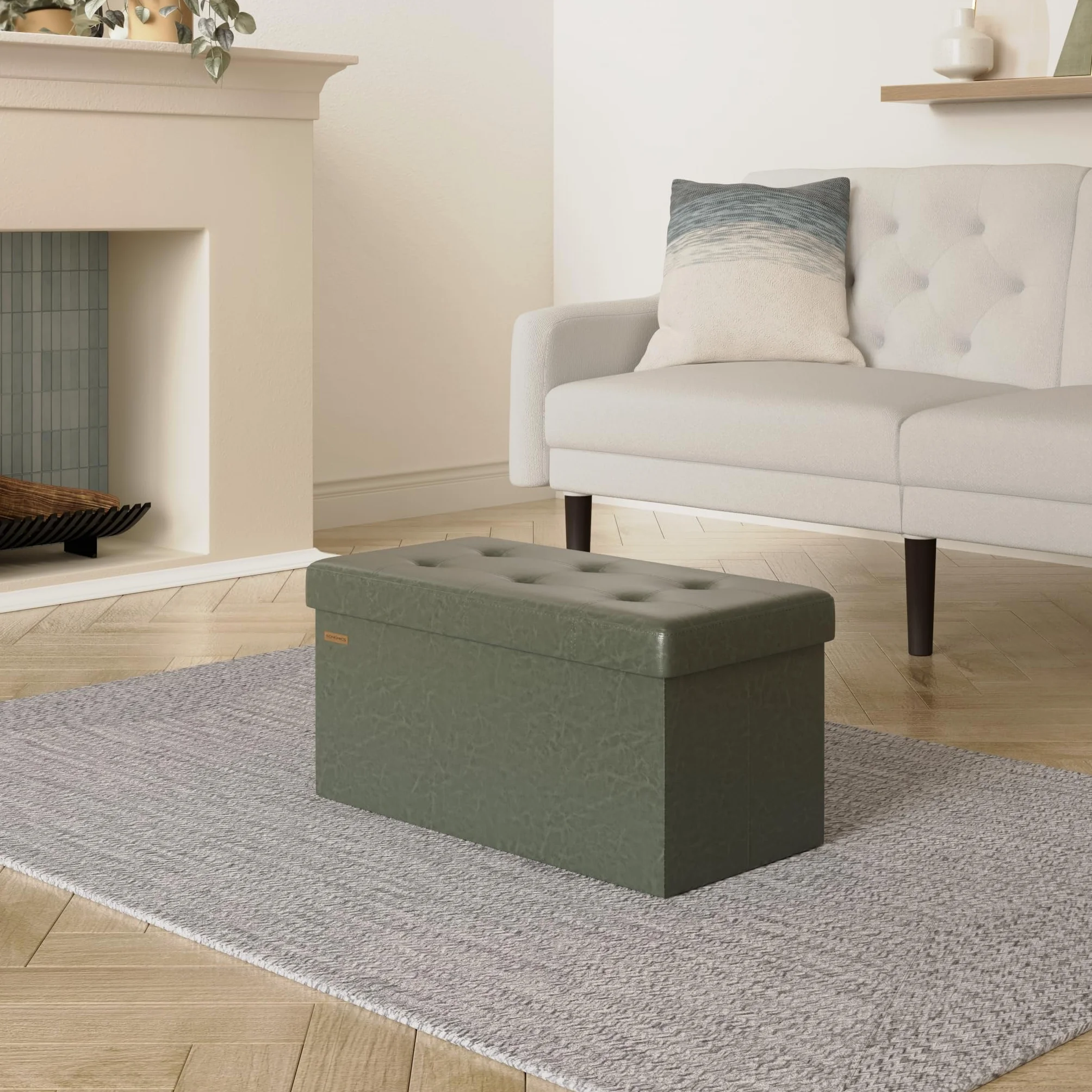 SONGMICS Baúl de Almacenaje Plegable 38x76x38 cm Taburete Reposapiés hasta 300 kg Verde Bosque