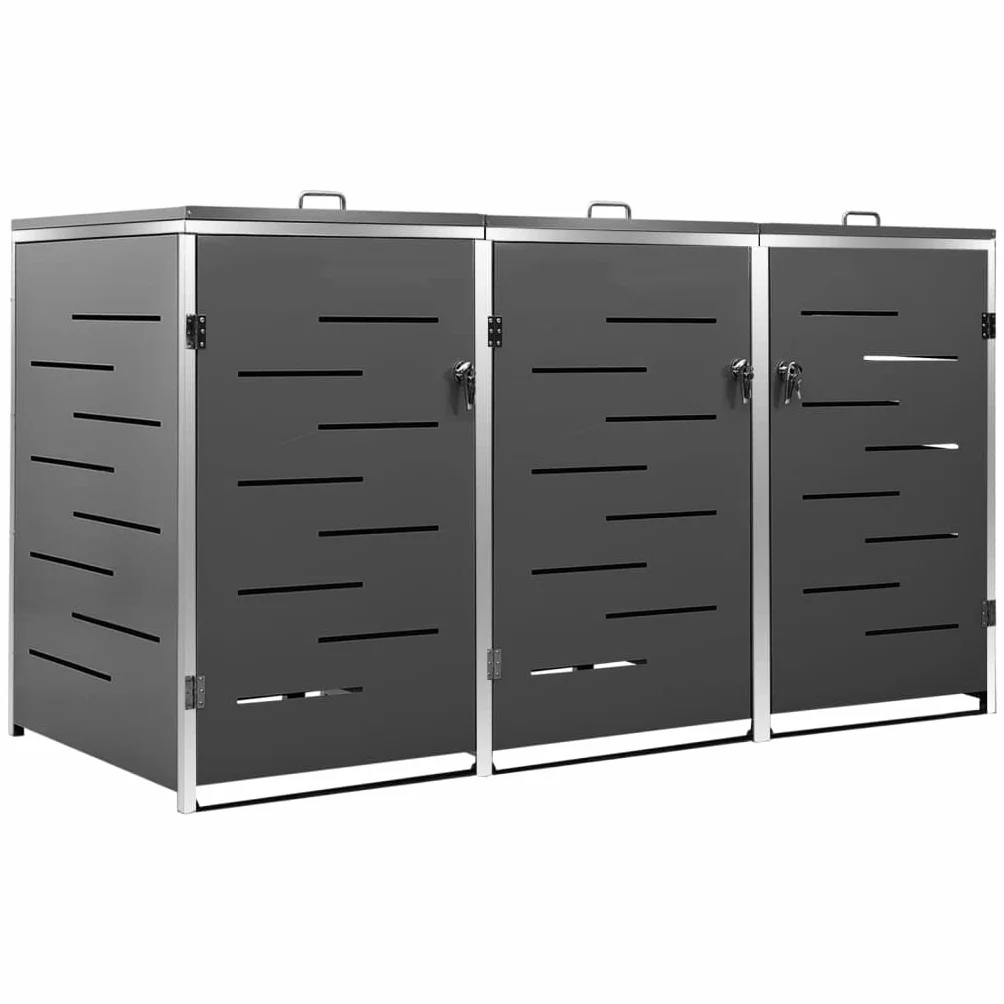 vidaXL Cobertizo para Tres Contenedores de Basura con Ruedas, Almacenamiento de Cubos de Basura, Acero