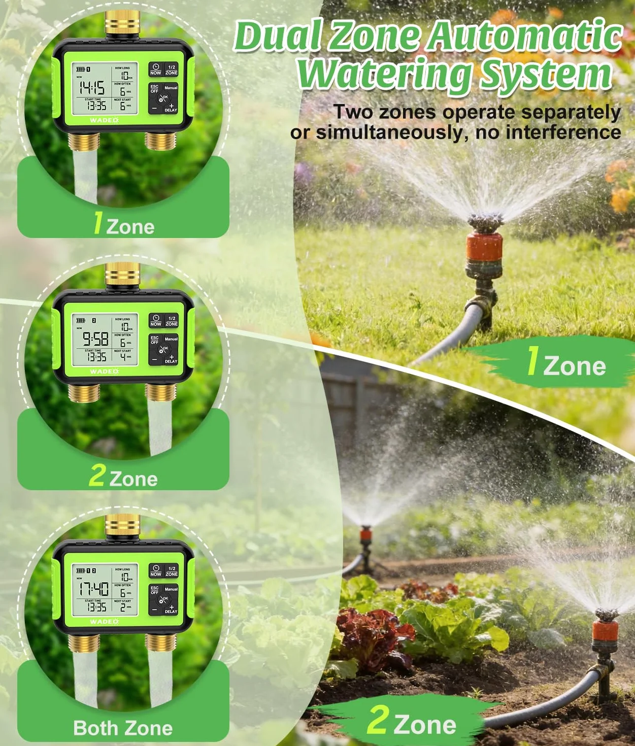 WADEO Programador de riego 2 Salidas, latón, Pantalla LCD, Temporizador de Agua automático/Manual/retardo por Lluvia