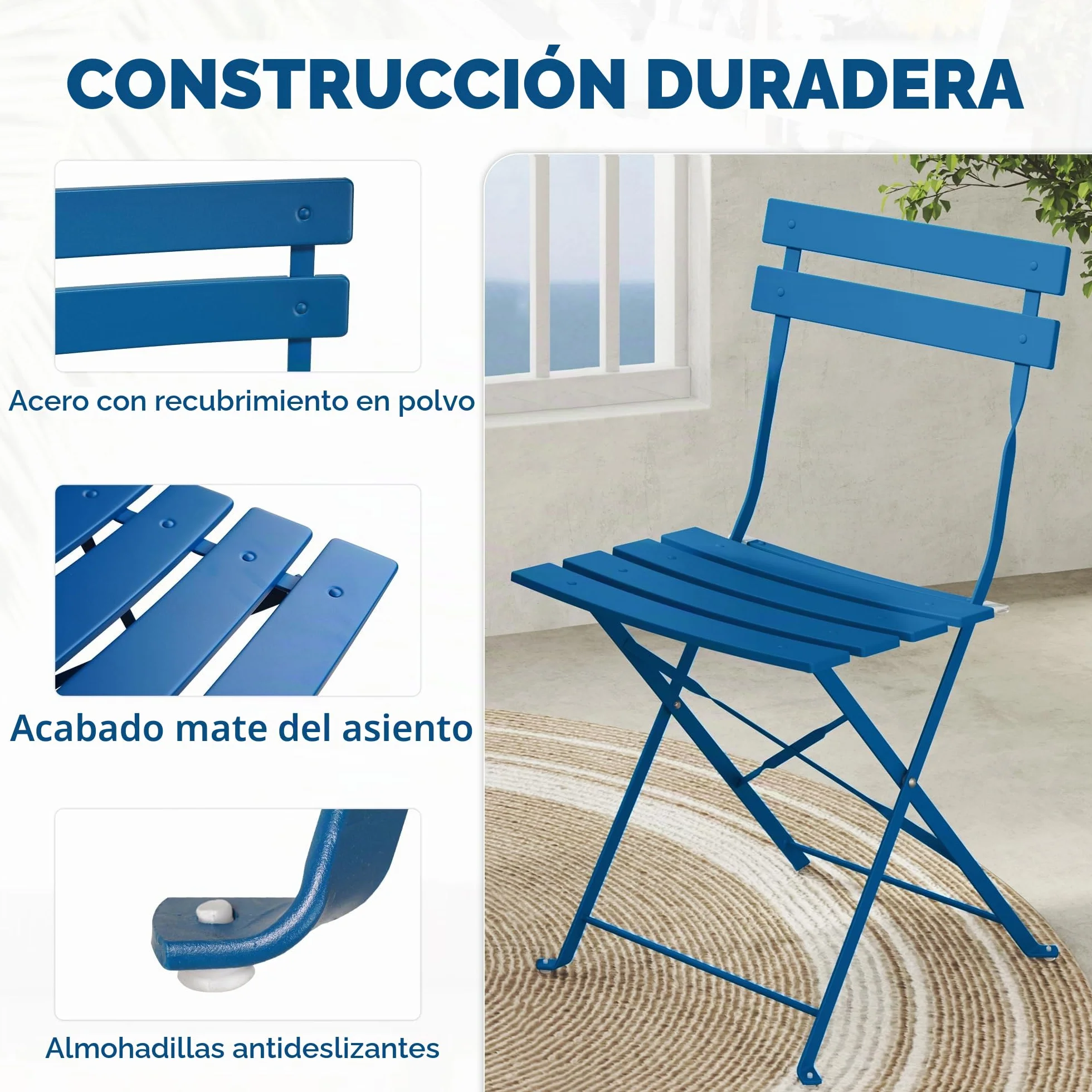 Grand patio Conjunto de Bistró Set 2 Sillas 1 Mesa Plegable Acero Premium (Azul eléctrico)