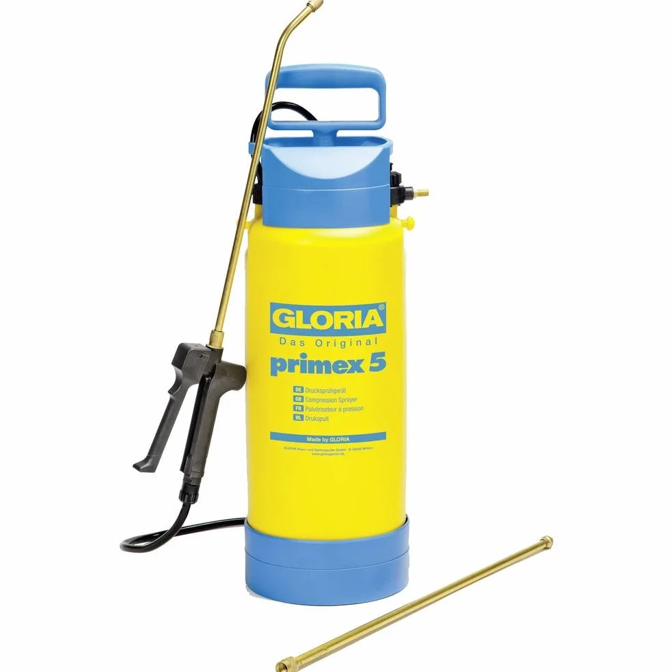 GLORIA Pulverizador a Presión primex 5 | Bomba con Lanza de Latón de 50cm | Capacidad 5L | Presión de 3 bar | Conexión para compresor | Base estable | Ideal para huerto urbano y frutales