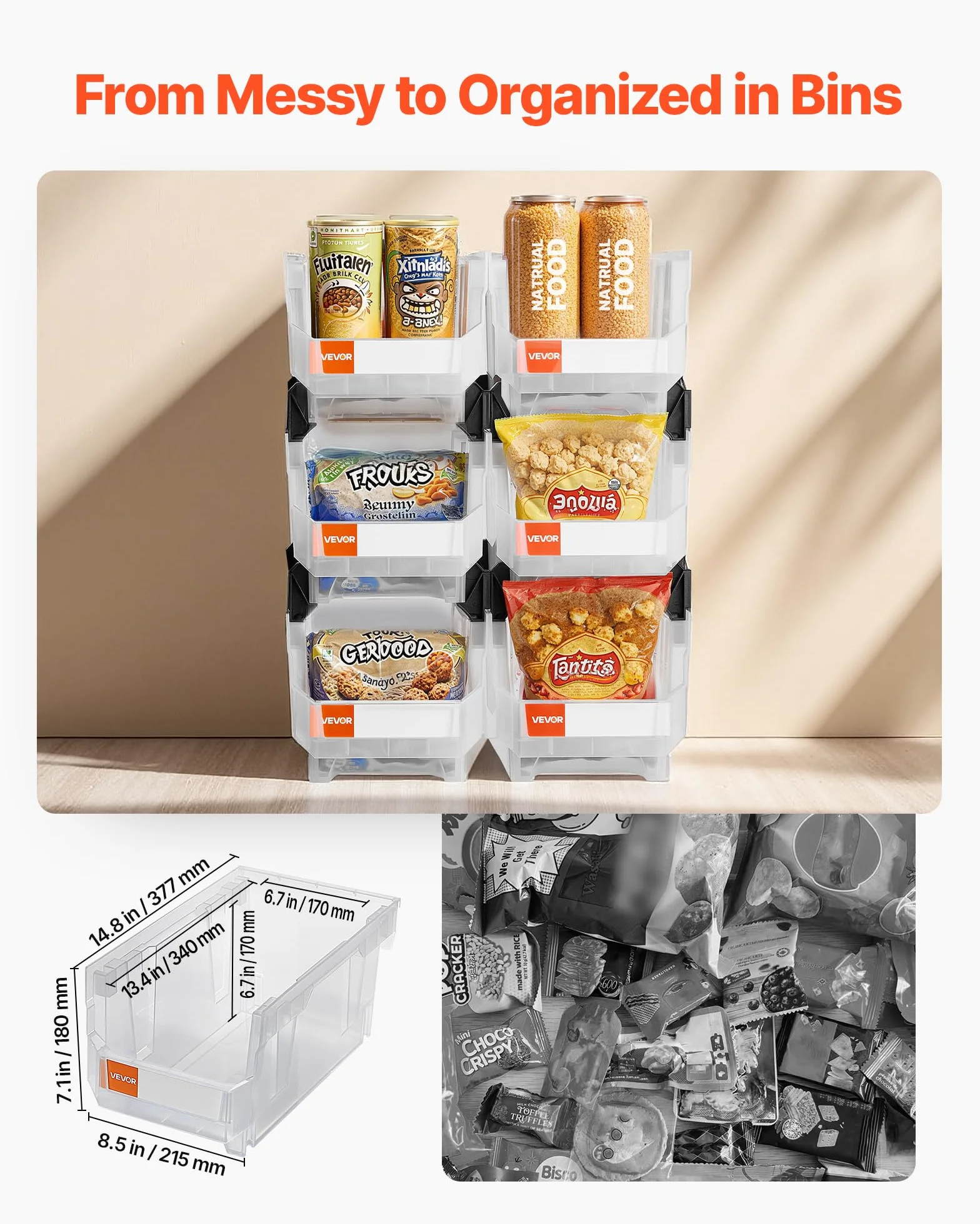 VEVOR Cajas Apilables 377 x 215 x 180 mm Transparentes Almacenamiento