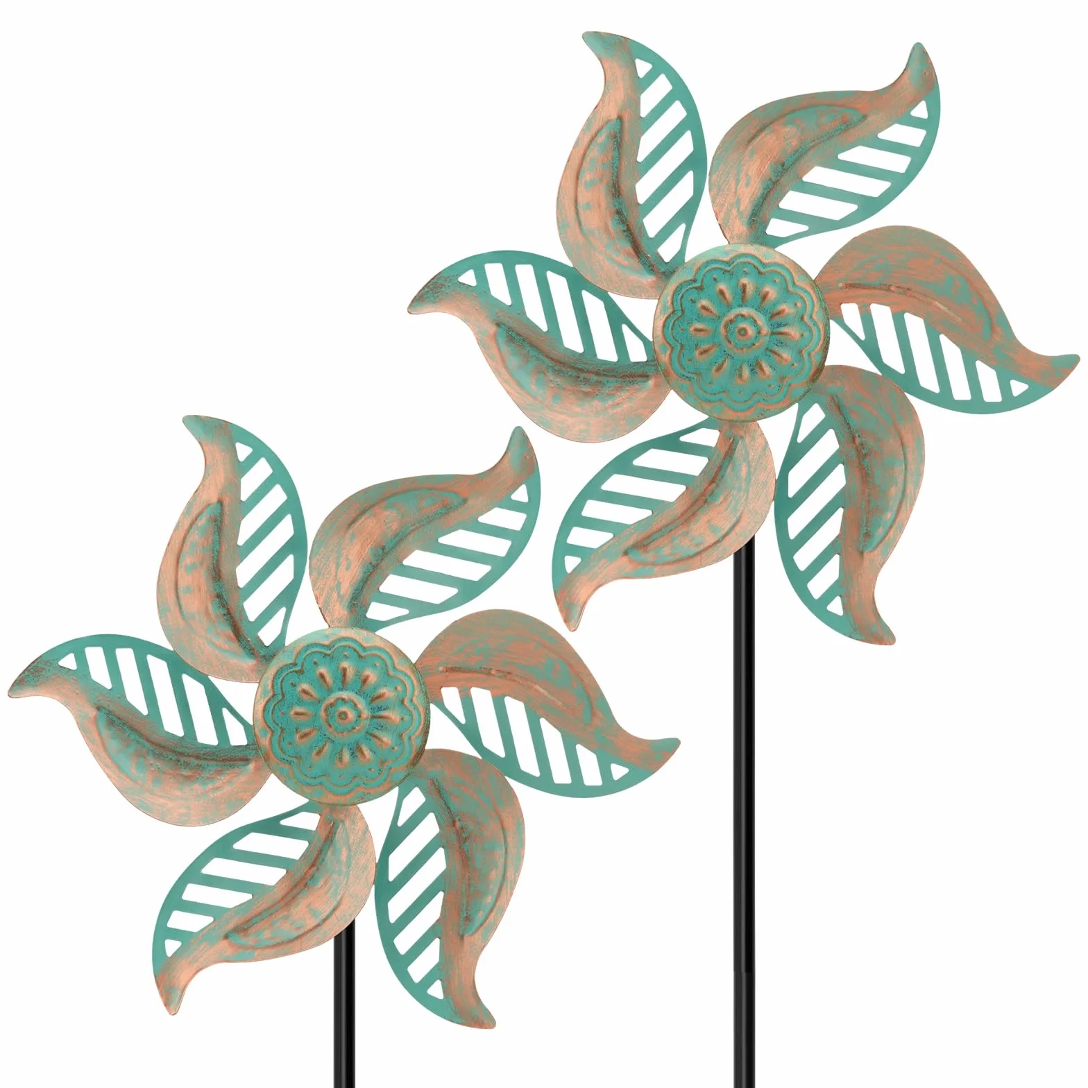 2 molinillos de viento vintage con forma de hoja de metal para exteriores, escultura de viento impermeable, molinillos de viento cinético verde para patio, césped, decoración de jardín