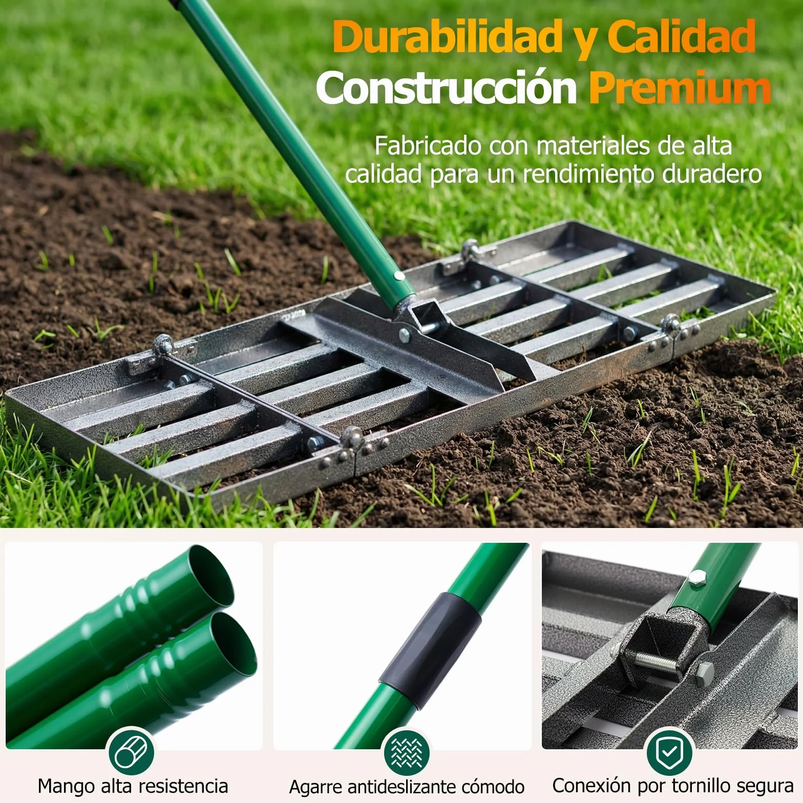 Rastra de nivelación para césped 76x25 cm, mango ajustable 84-196 cm, plegable jardín