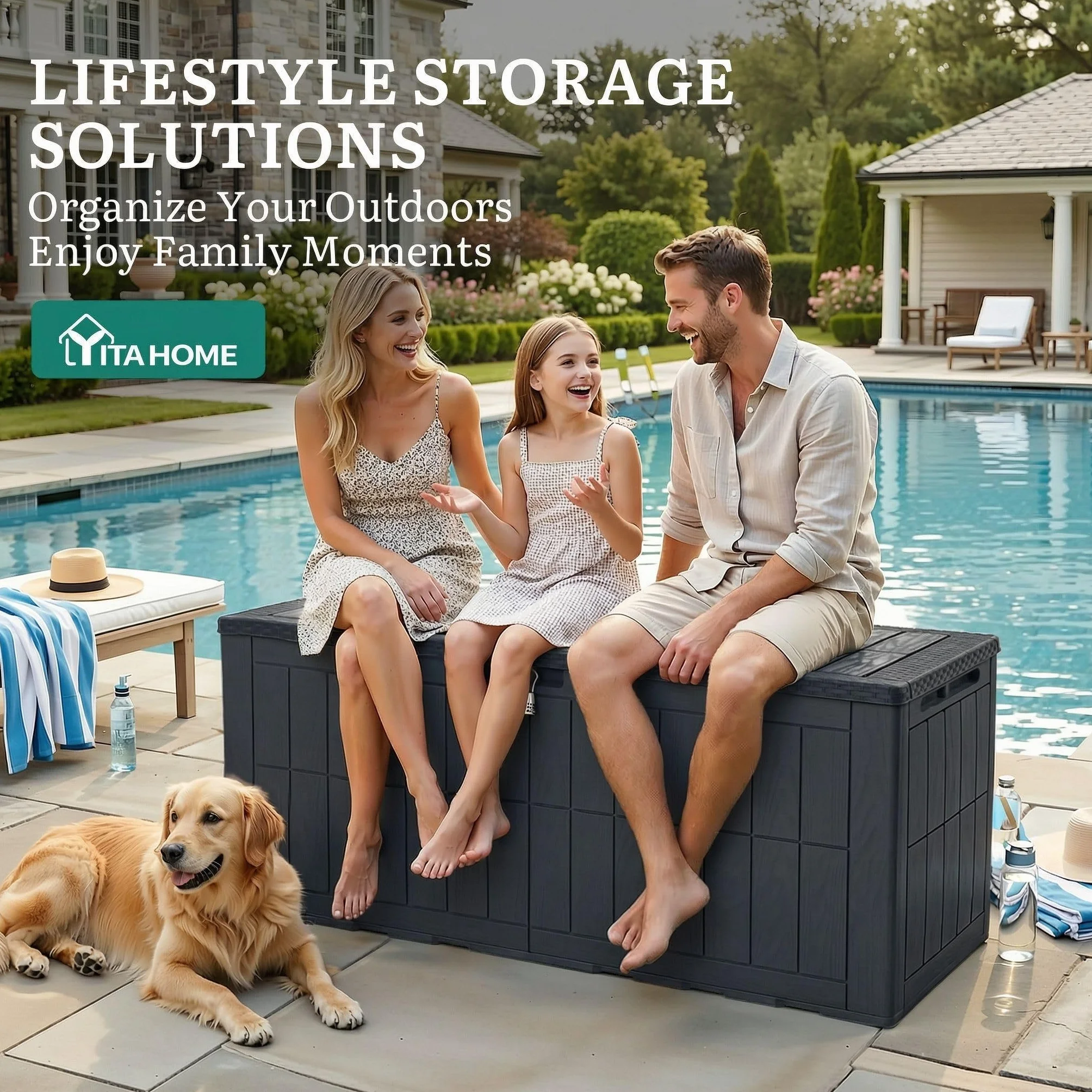 YITAHOME Caja de almacenamiento exterior 120 galones impermeable con cerradura banco mesa