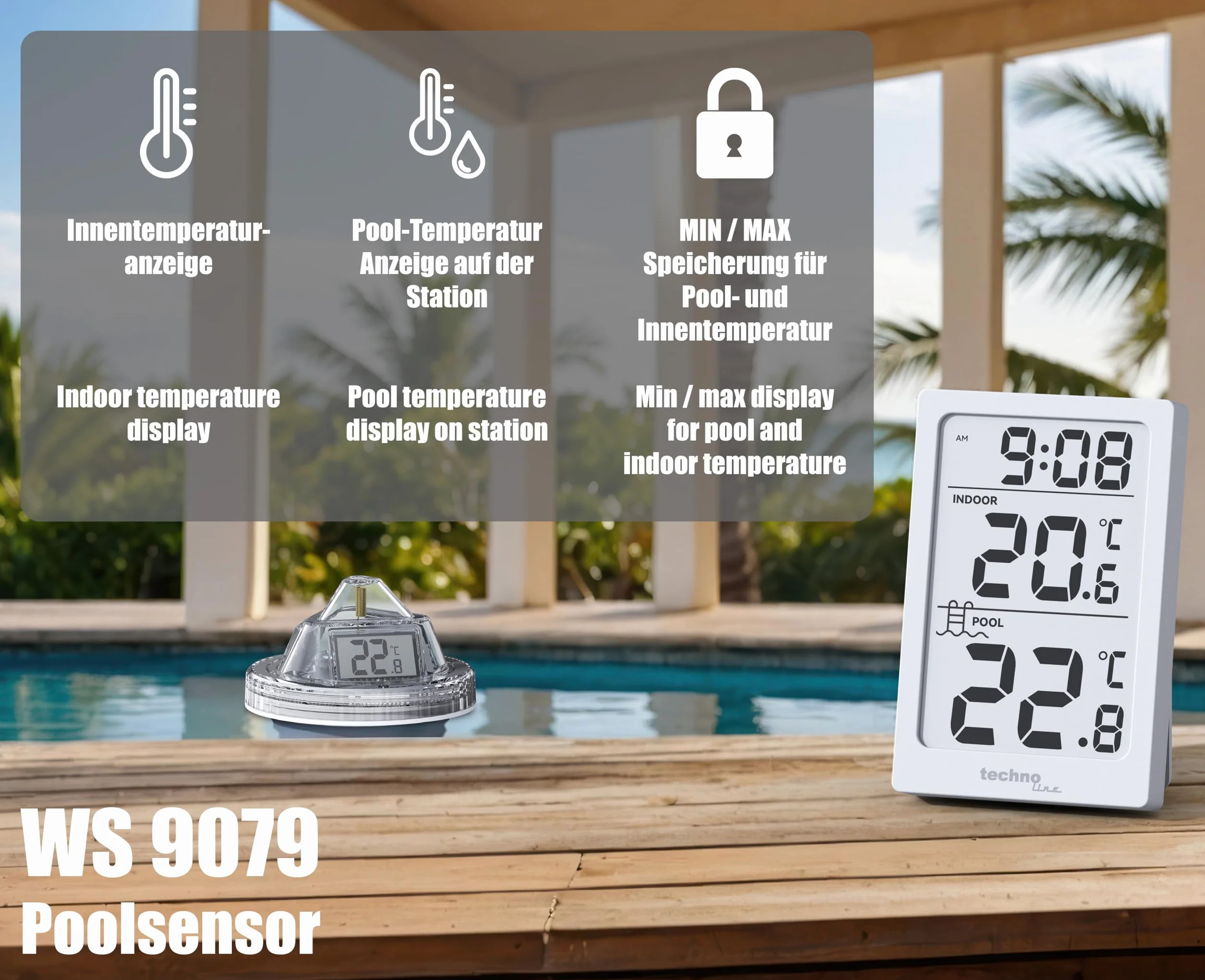 Technoline WS9079 Termómetro digital inalámbrico para piscina con estación