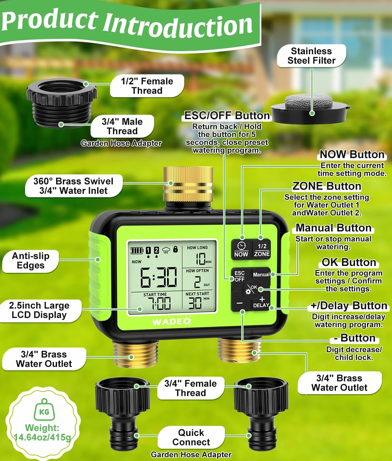 WADEO Programador de riego 2 Salidas, latón, Pantalla LCD, Temporizador de Agua automático/Manual/retardo por Lluvia