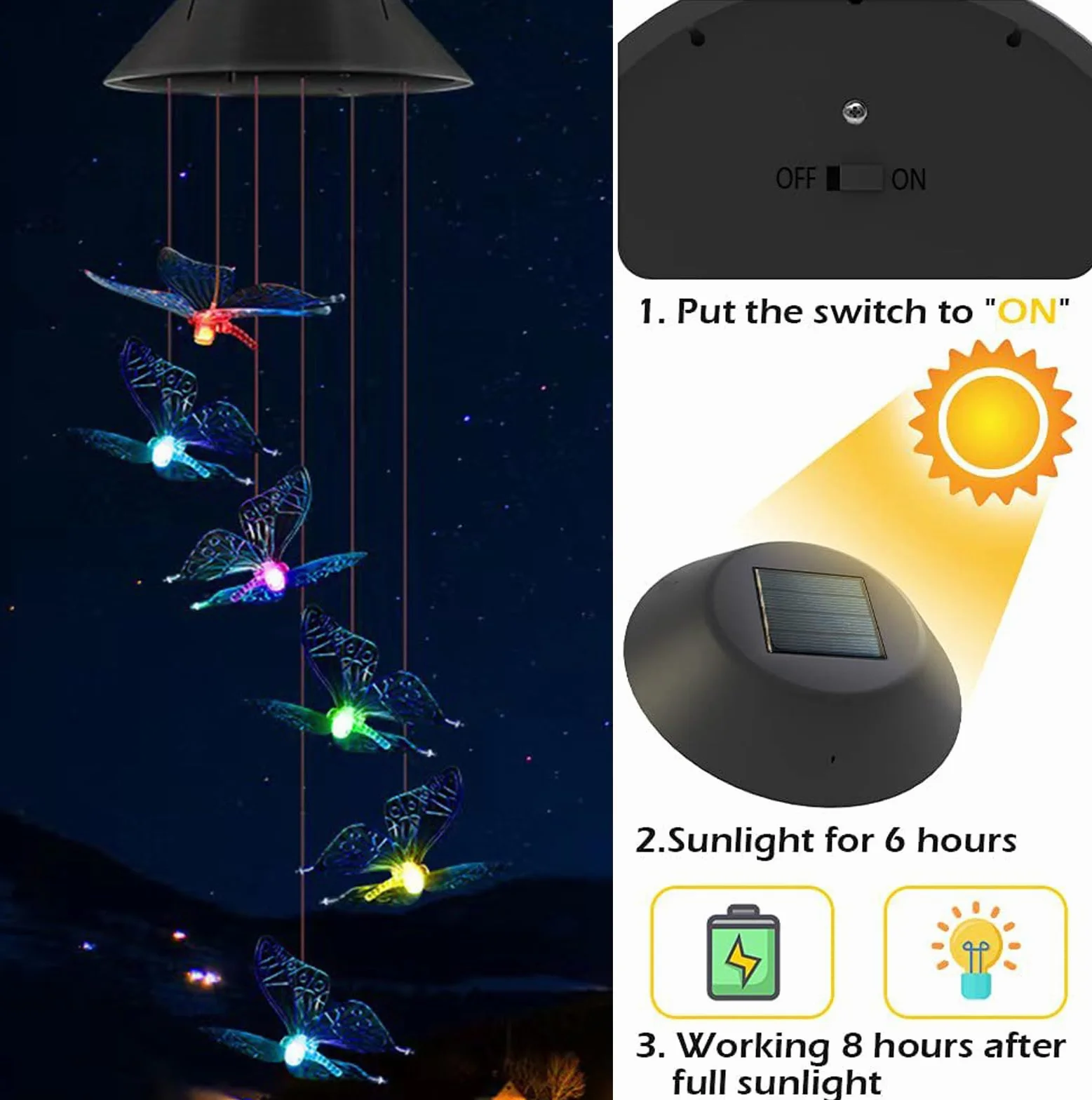 Campanilla de Viento Mariposa Solar LED Cambia Color Impermeable Decoración Jardín Patío Regalo