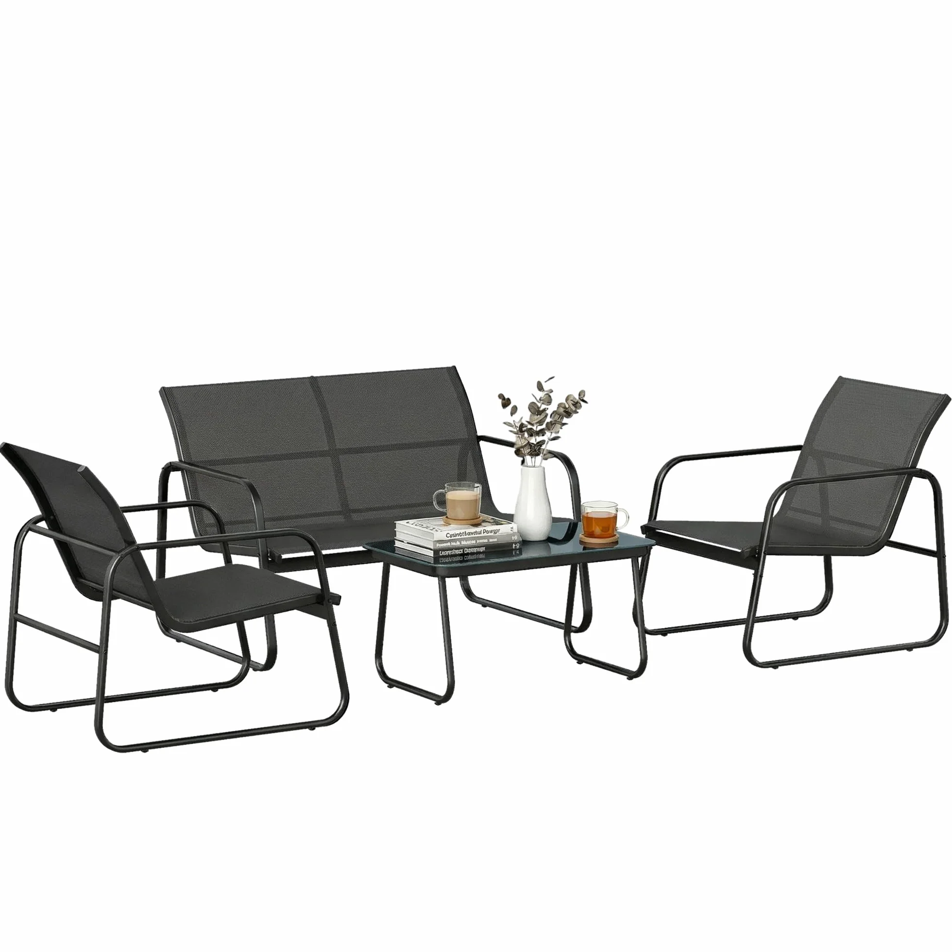 Outsunny Conjunto Jardín Exterior 4 Piezas Sofá 2 Plazas Sillones Mesa Vidrio Templado Textilene Acero Gris Oscuro