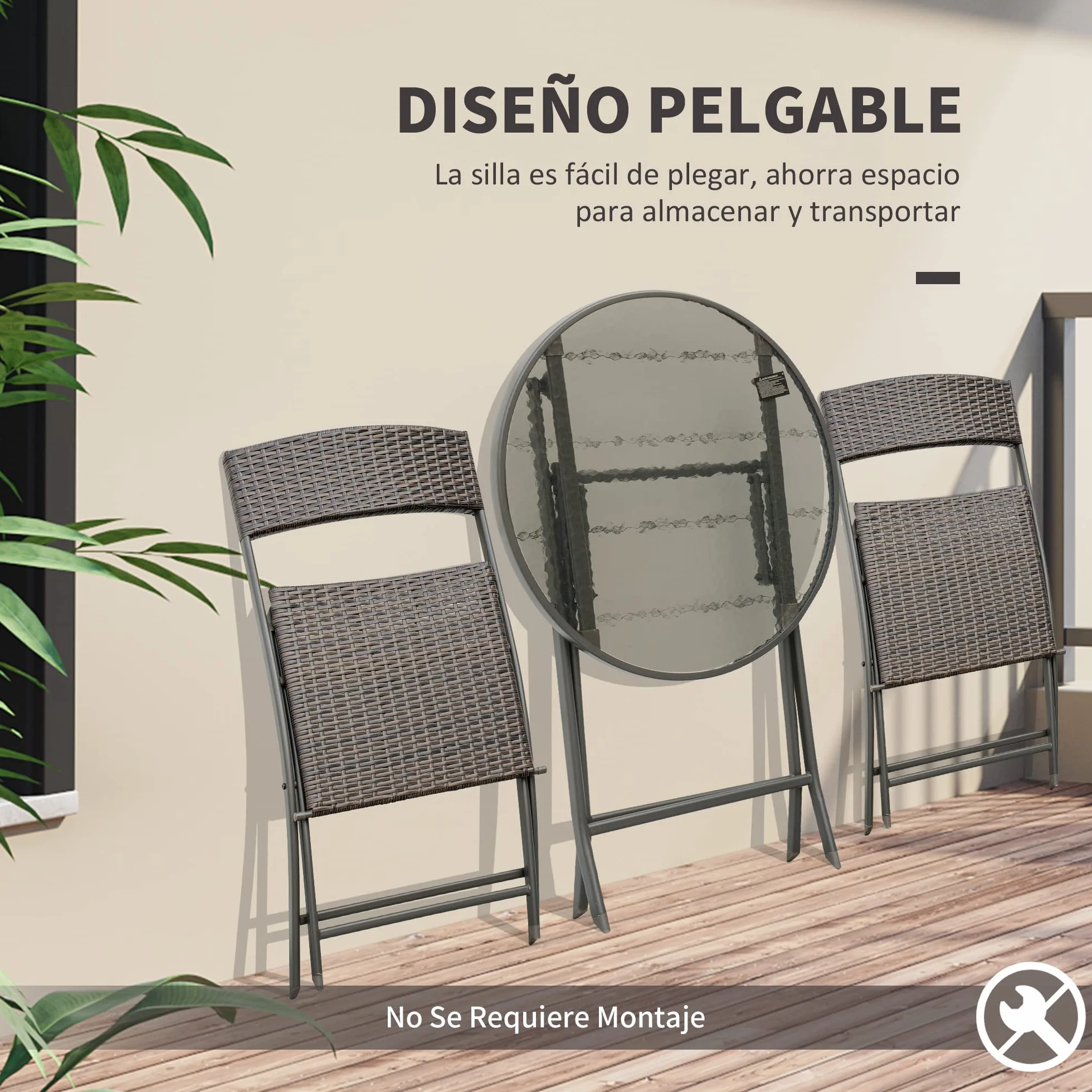 Outsunny Conjunto de Muebles de Jardín Mesa y 2 Sillas Ratán Sintético Plegables con Mesa de Vidrio Marrón