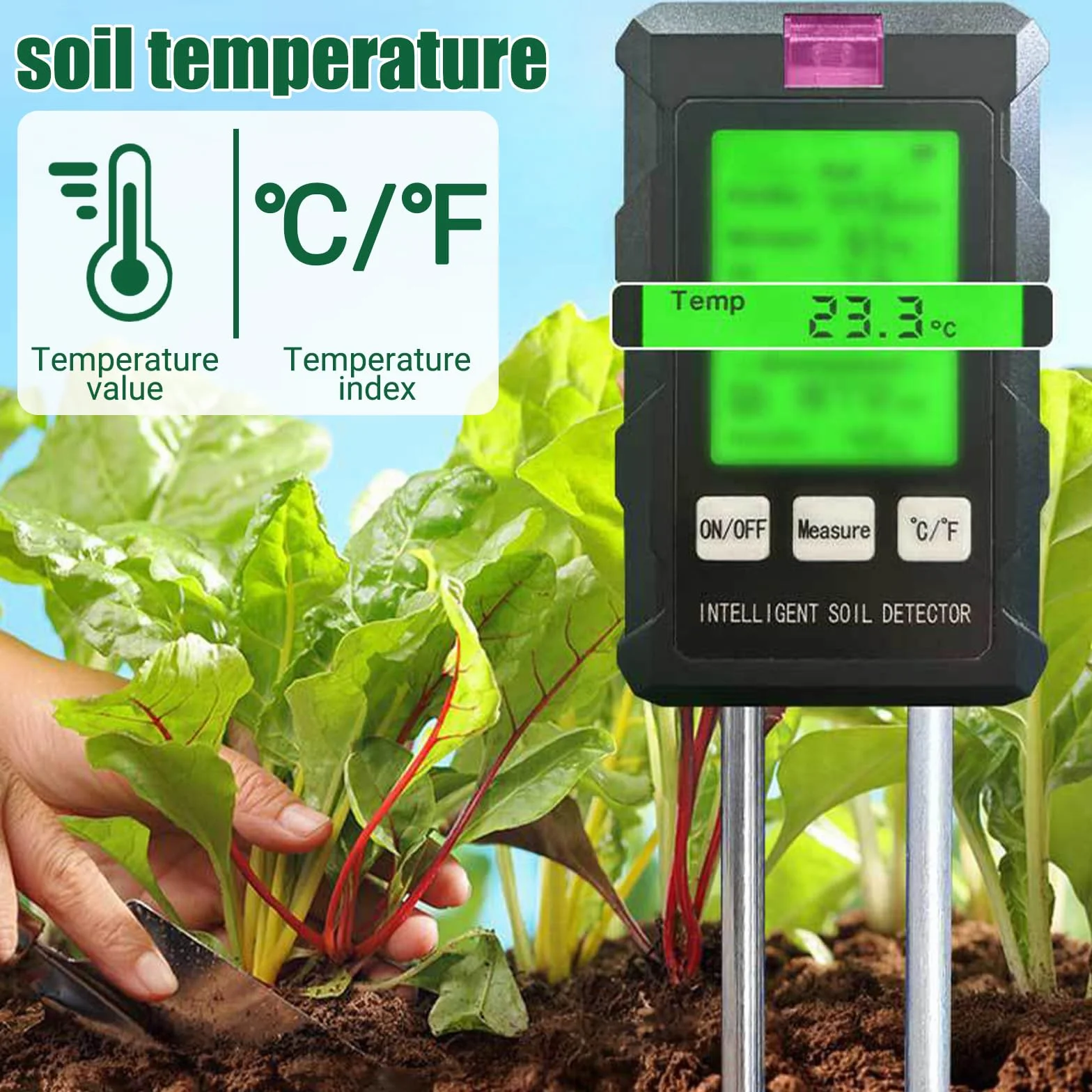 GAESHOW Medidor de Suelo 6 en 1, Medidor Digital de Humedad/Fertilidad/PH/Temperatura/Luz Ambiental/Humedad Ambiental con Pantalla LCD para Jardín
