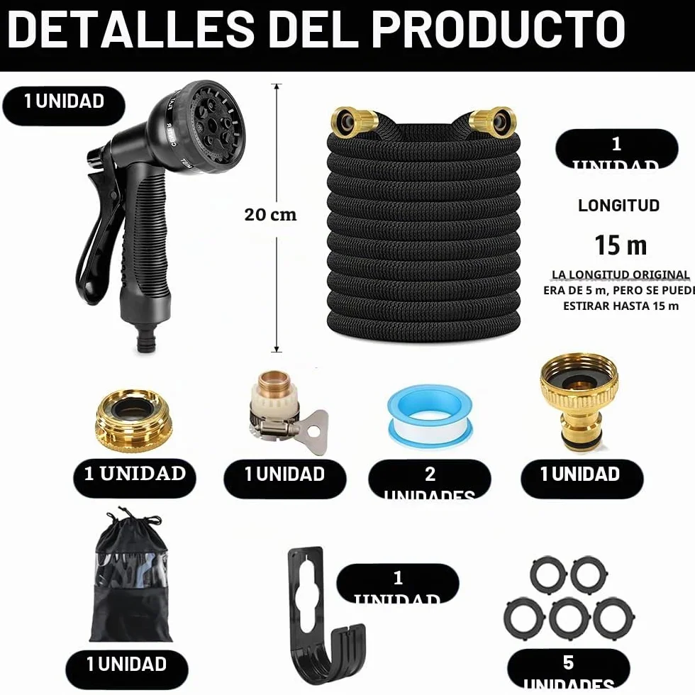 Manguera de Jardín Extensible 15 Metros 3/4" 1/2" 8 Funciones de Riego