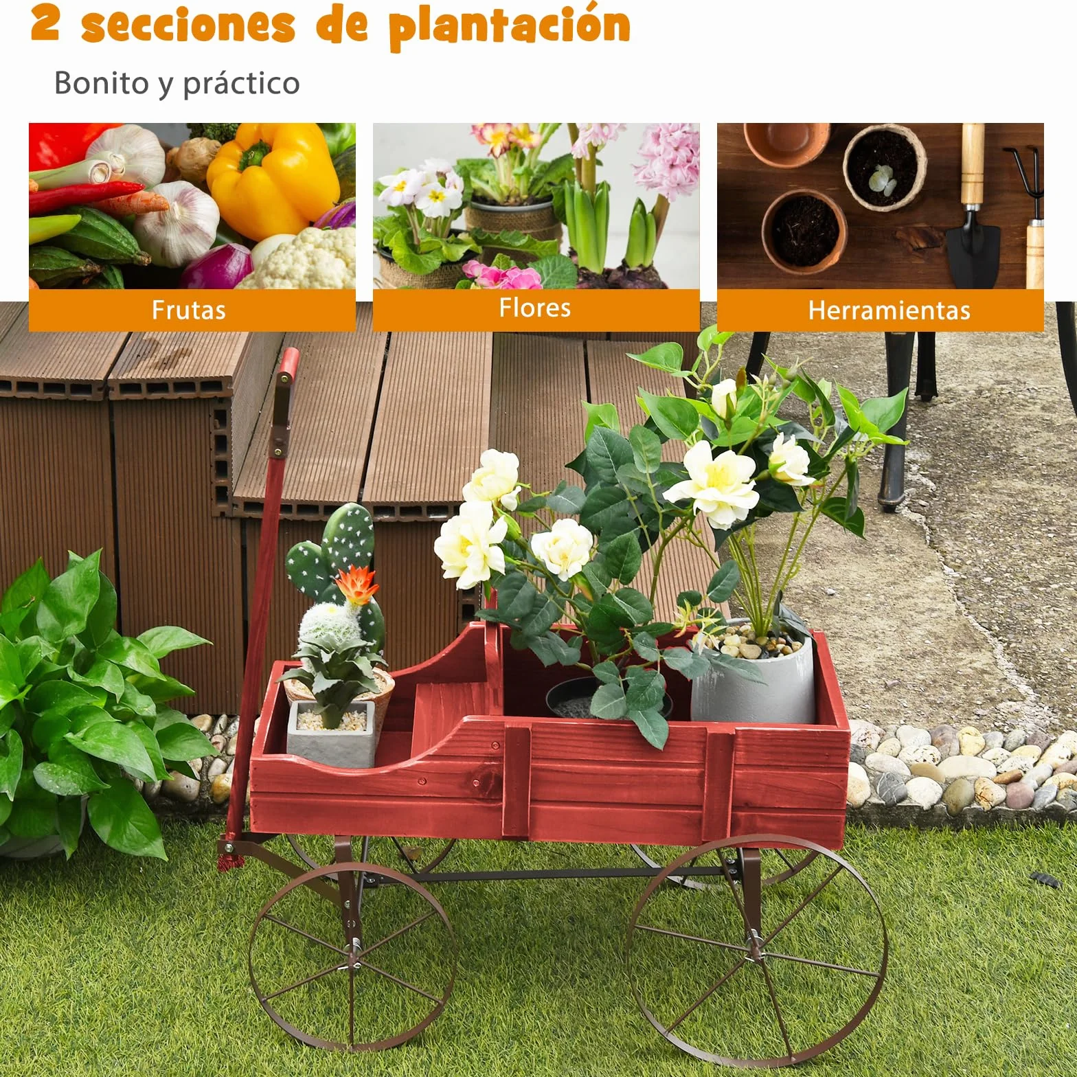 SOARS Soporte para flores, carrito de flores con 4 ruedas de metal, soporte para plantas de madera maciza, jardinera decorativa, carrito de madera, carrito para jardín y balcón (rojo)