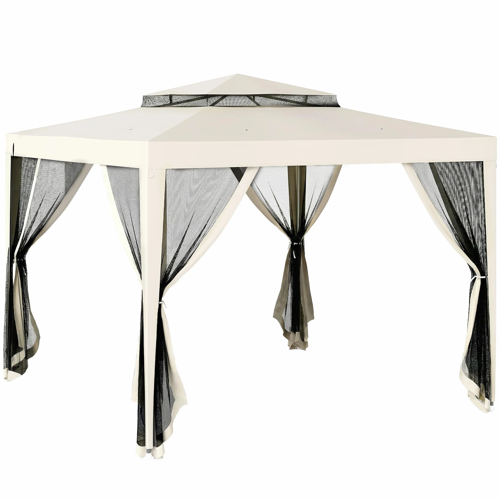Outsunny Carpa de Jardín 3x3 m Cenador Desmontable de Exterior Gazebo con 4 Mosquiteras Laterales Techo Doble y Marco Metálico Anti-UV Impermeable Pabellón para Terraza Patio Crema