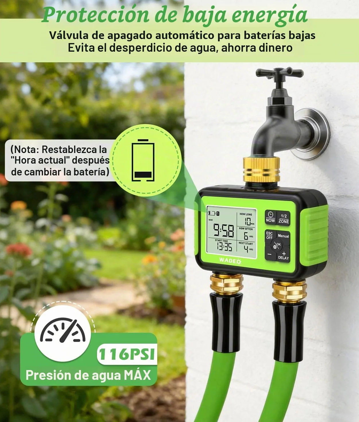 WADEO Programador de riego 2 Salidas, latón, Pantalla LCD, Temporizador de Agua automático/Manual/retardo por Lluvia