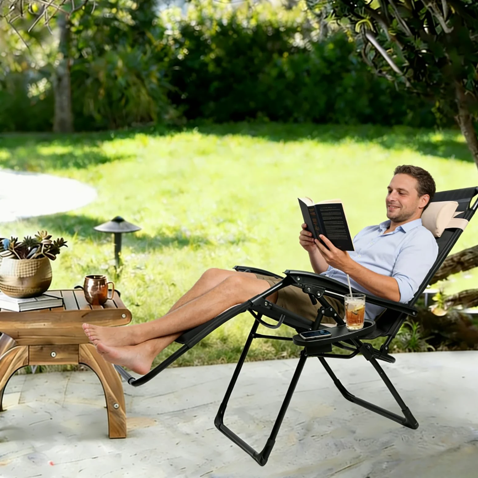 Silla Reclinable Plegable, Ajustable Silla de Gravedad Cero, Tumbonas Jardin Exteriorcon Reposacabezas y Almohadilla, para Jardín, Acero, Piscina, Terraza, Cómoda y Resistente, Carga de 150 kg