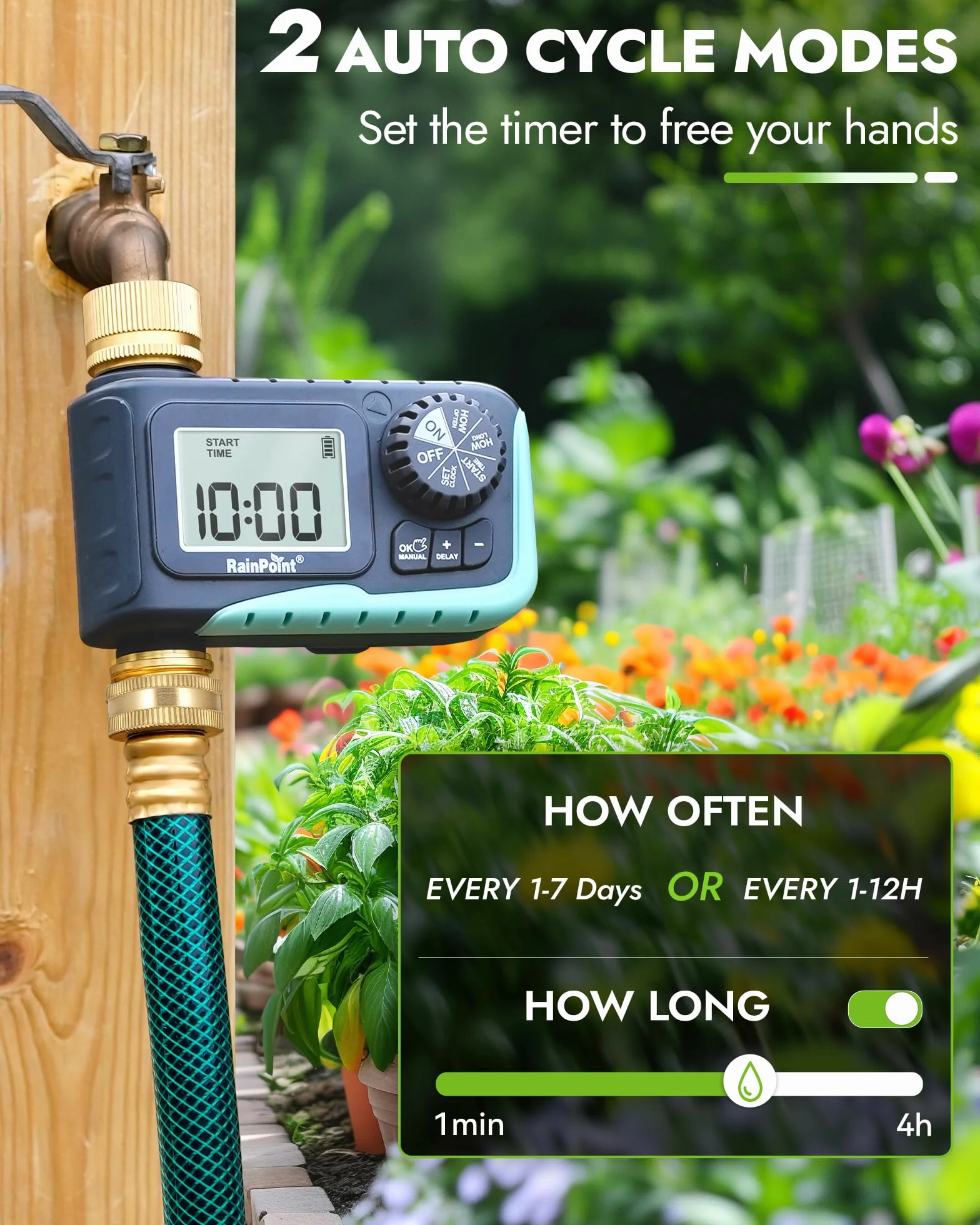 RAINPOINT Temporizador de aspersor con entrada y salida de latón, temporizador de manguera programable para manguera de jardín, temporizador de agua con retardo de lluvia/sistema de riego manual