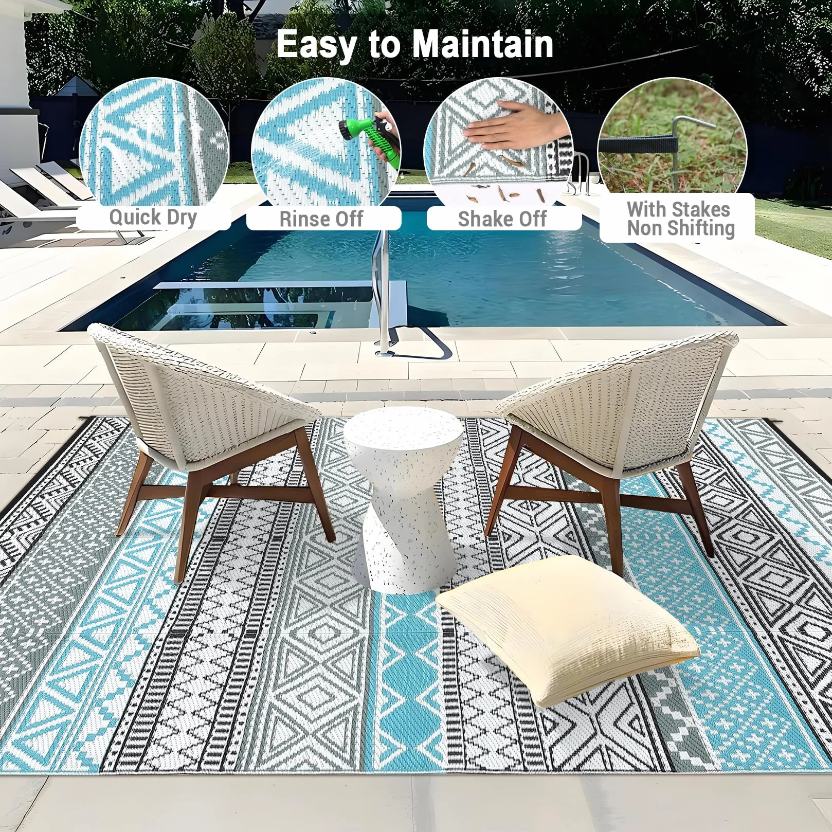 CAROMIO Alfombra exterior 120x240 cm plástico pajita impermeable reversible azul gris
