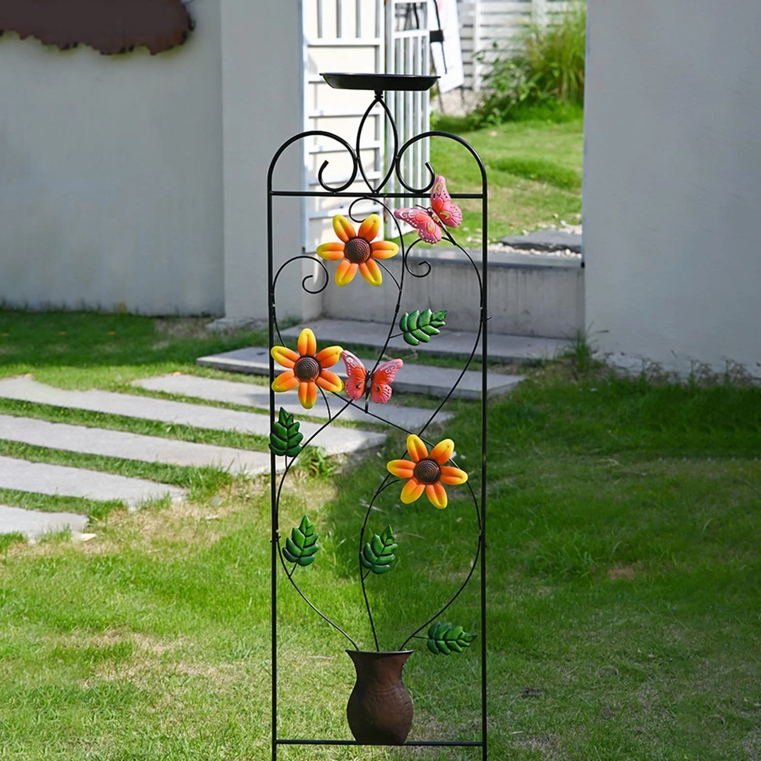 Enrejado de Jardín Soporte metálico resistente a la intemperie | Enrejado Alto con Bebedero para Aves para Rosas Trepadoras, Enredaderas, Hortalizas, Bancal Elevado, Patio, Jardín, Balcón,
