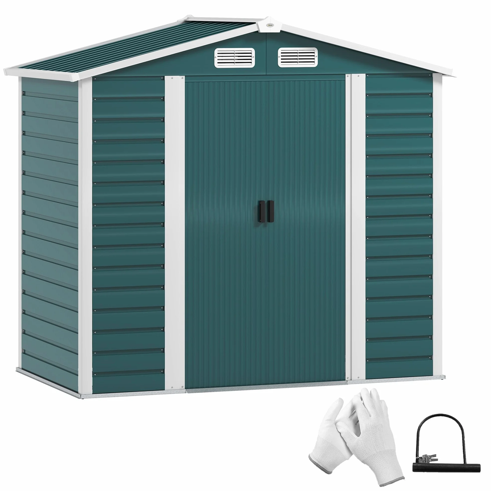 Outsunny Caseta de Jardín Exterior 2,36m² 213x120x194 cm Cobertizo con Base Refuerzo Puertas Correderas Dobles Candado Ventanas Verde Oscuro