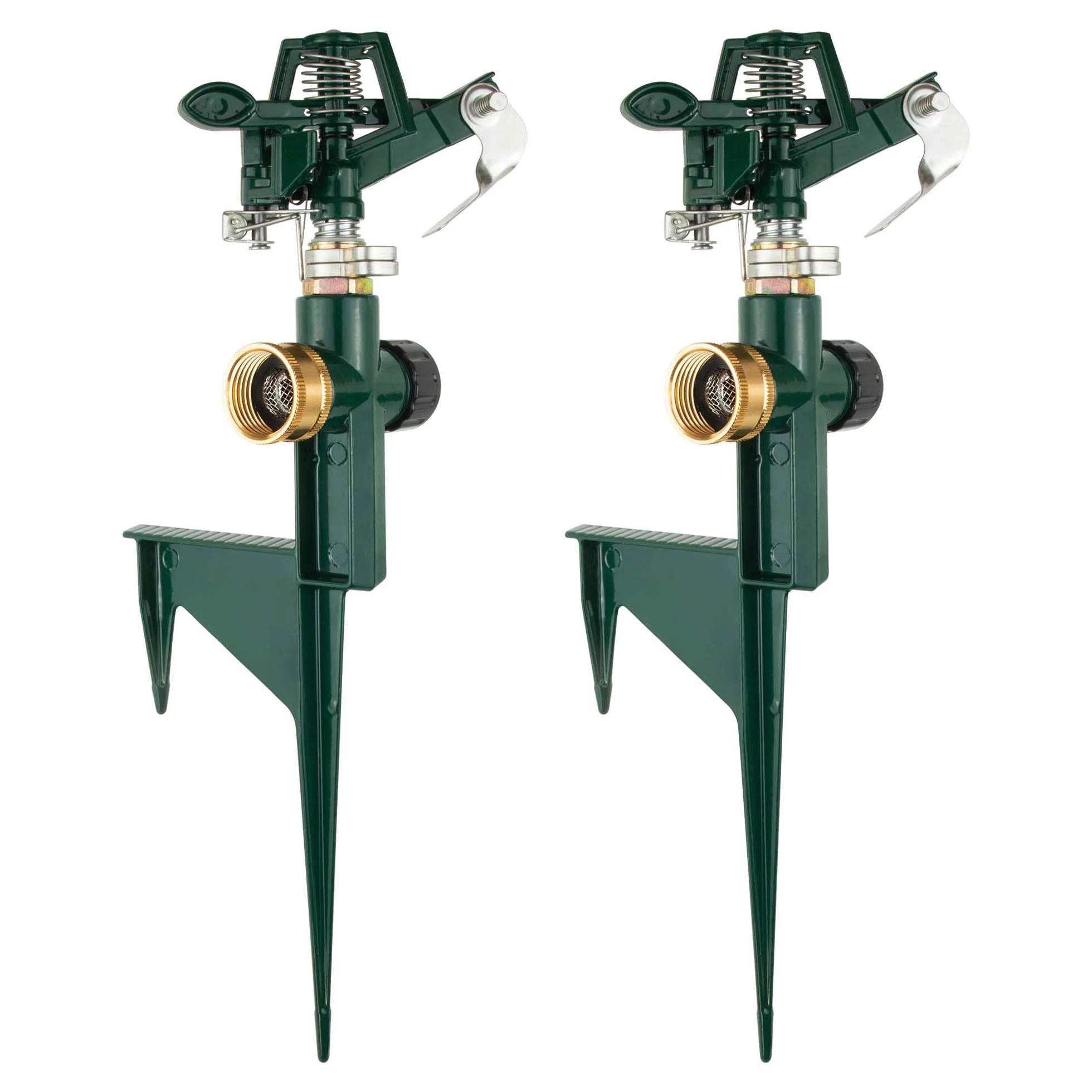 Paquete de 2 aspersores de jardín con pinchos, aspersor de impacto en base de estaca de metal, aspersor de agua de aleación de zinc ajustable para riego de 360 grados de gran área de patio, jardín,
