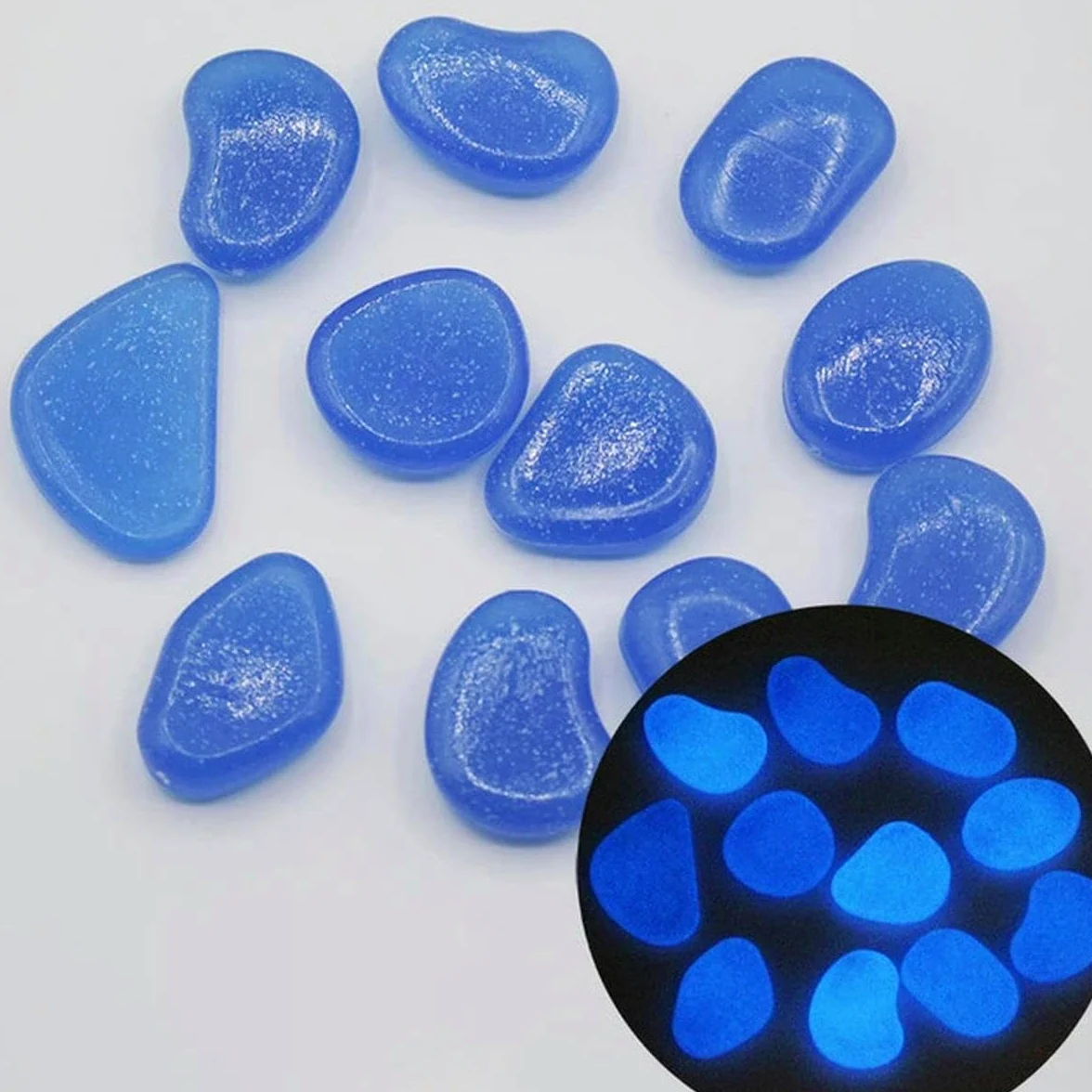 Piedras luminosas para jardín que brillan en la oscuridad, guijarros para peces al aire libre, rocas de guijarros para acuario, mezcla de colores, 400 piezas, azul oscuro