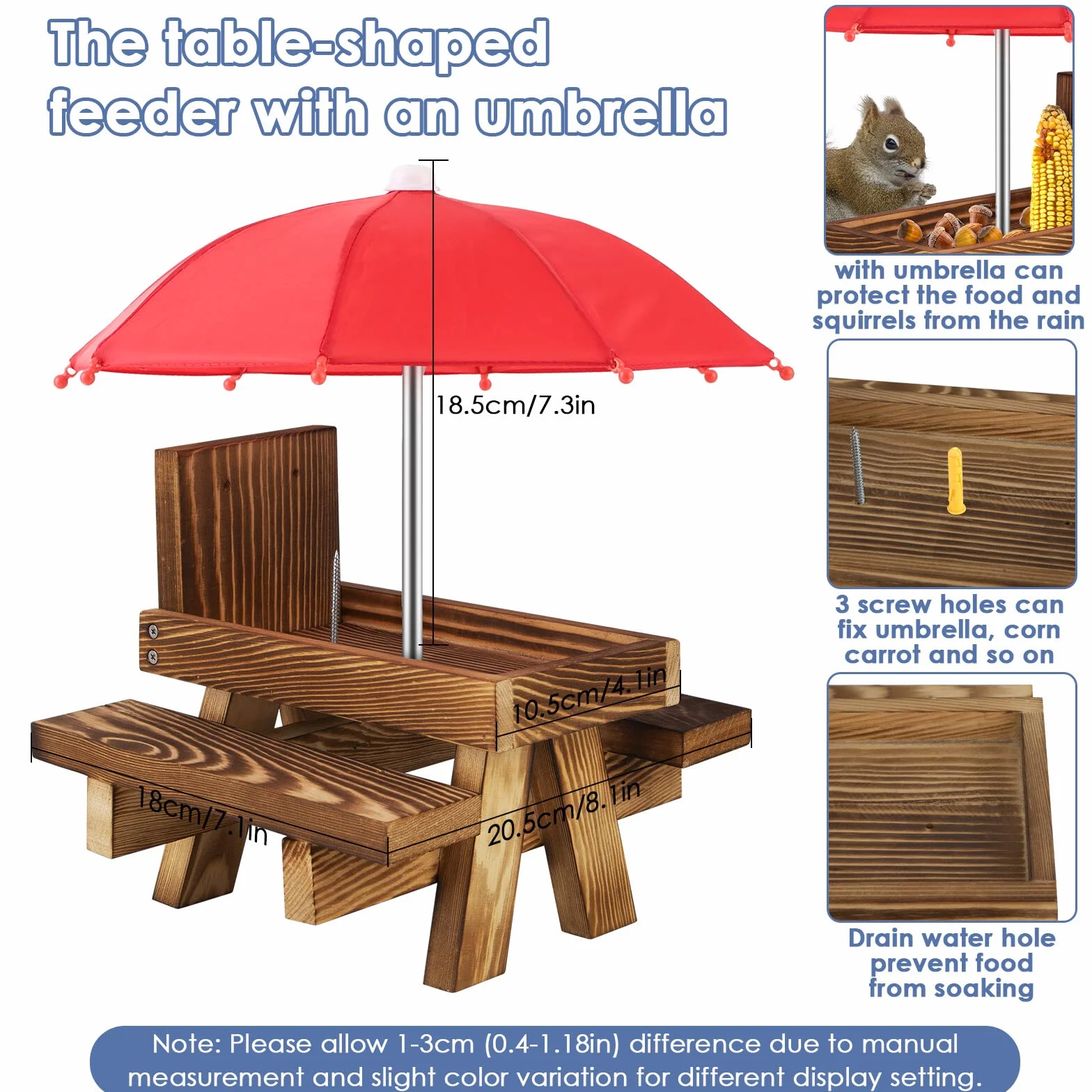 Comedero de ardilla con paraguas, banco de picnic de madera, adornos de jardín