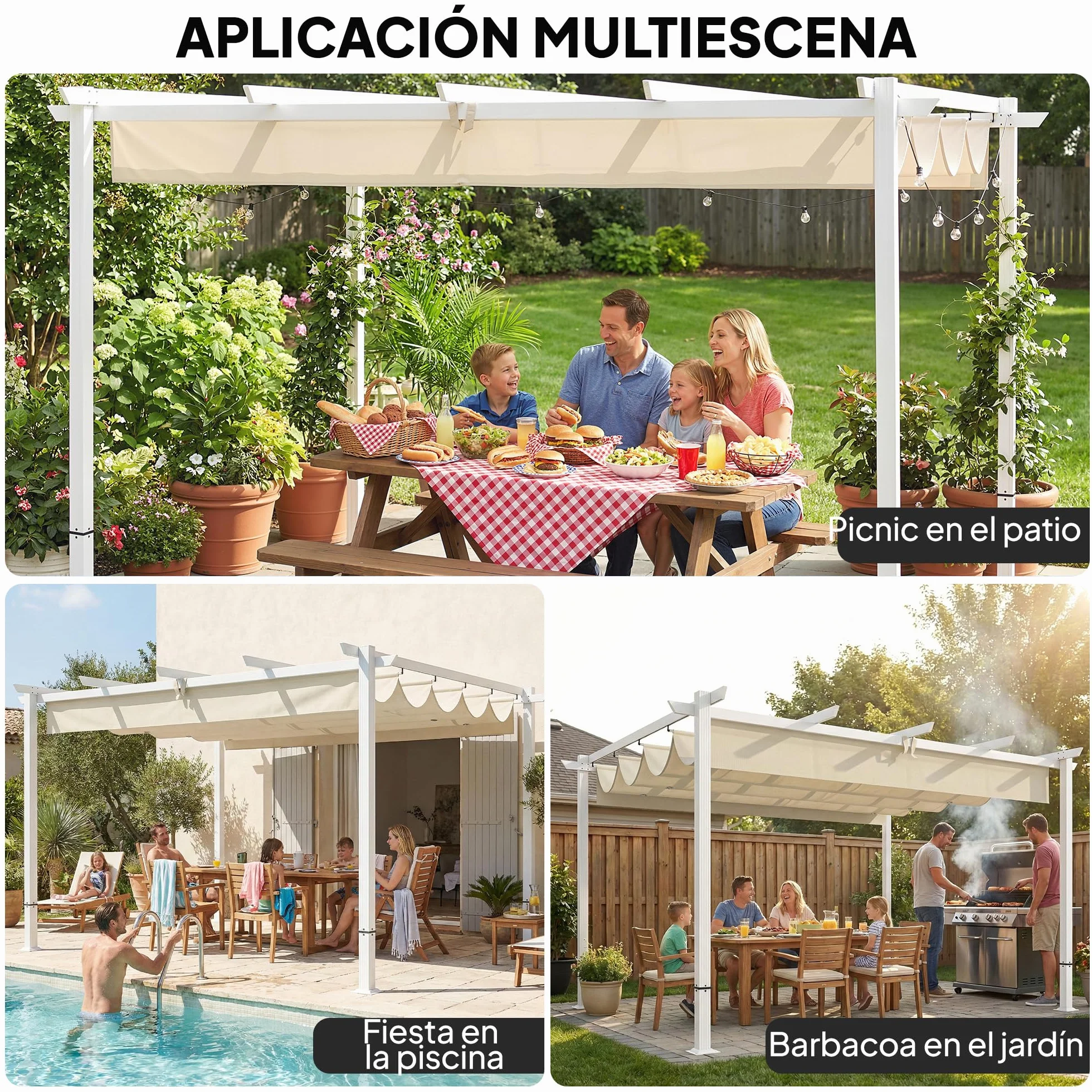 Outsunny Pérgola de Jardín 4x3 m Techo Retráctil UPF30+ Estructura Metálica Beige