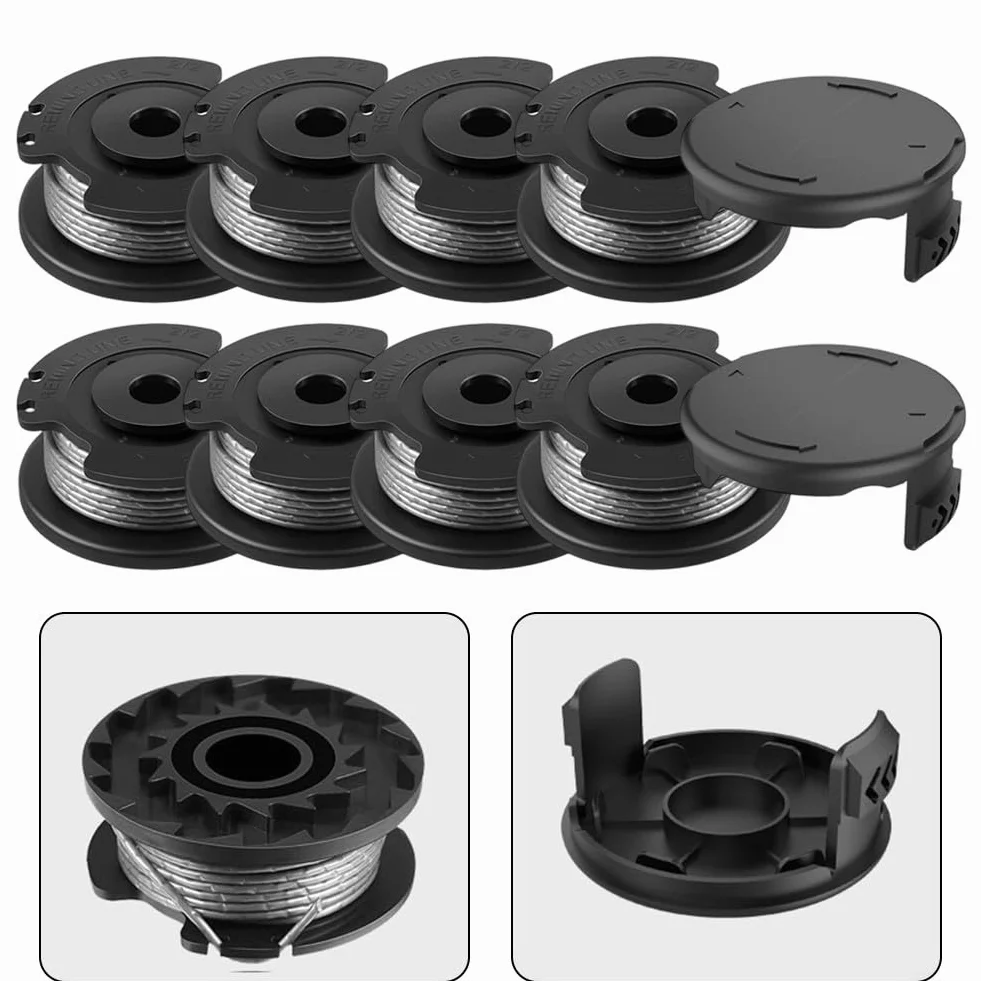 Hilo para cortabordes Recambio de Hilo, Paquete de 8 carretes de Hilo for Recortadora y 2 Cubiertas for Modelos Art de 1,6 mm de diámetro y 4,9 m de Longitud de Nailon Negro